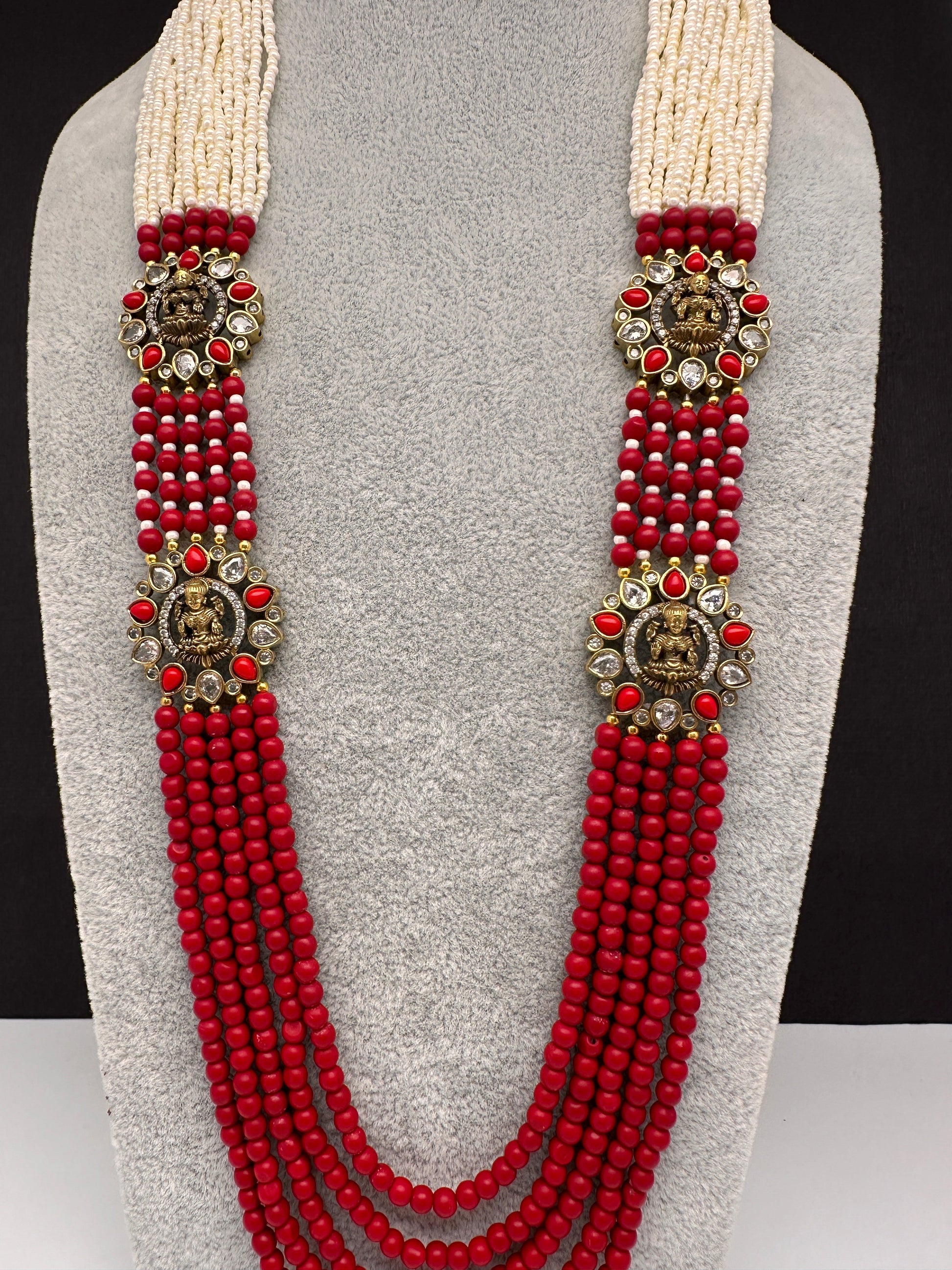 Victorian Goddess Lakshmi Color Multi Layer Beads Necklace - Coral