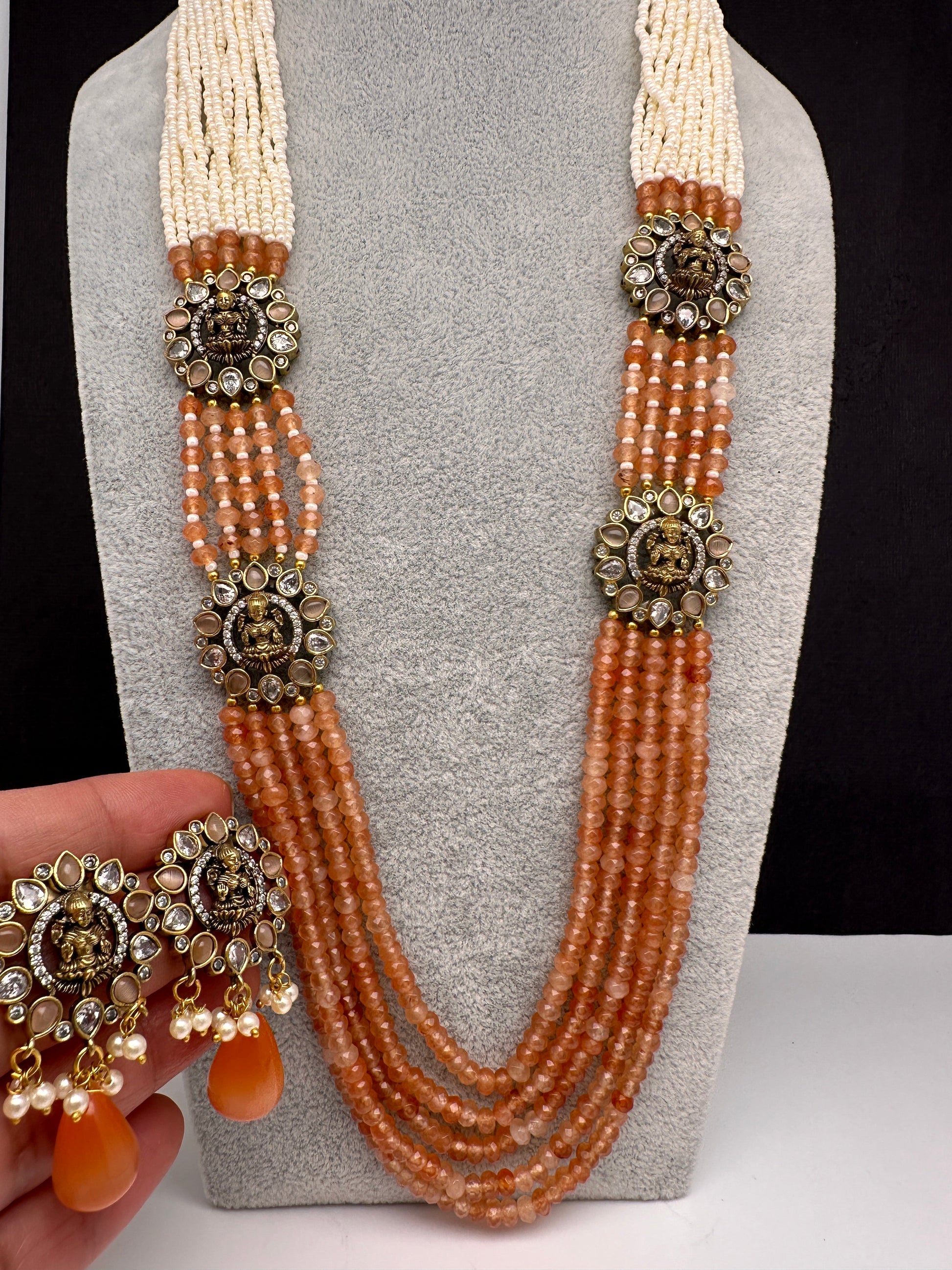 Victorian Goddess Lakshmi Color Multi Layer Beads Necklace - PeachPuff
