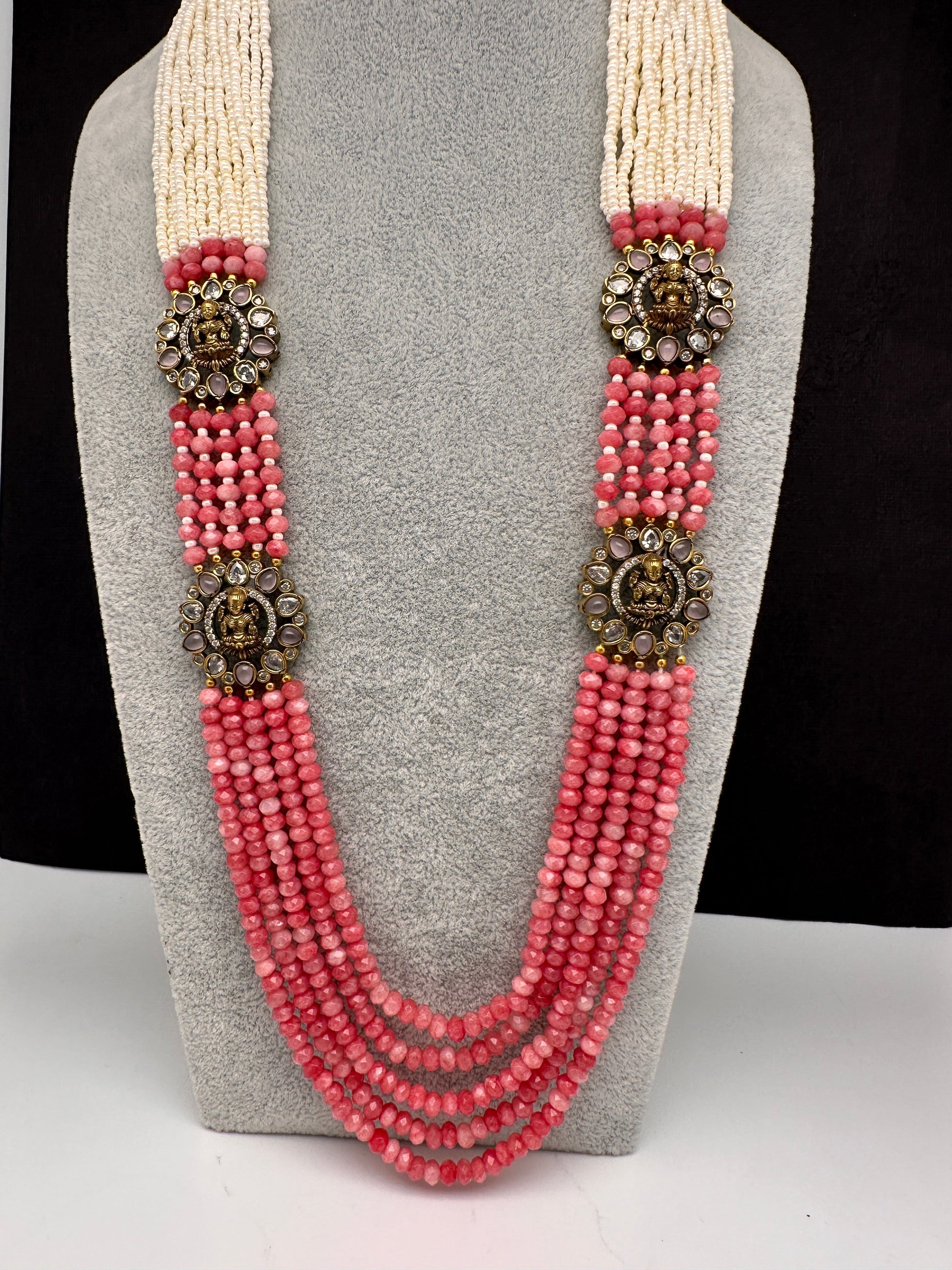 Victorian Goddess Lakshmi Color Multi Layer Beads Necklace - pink