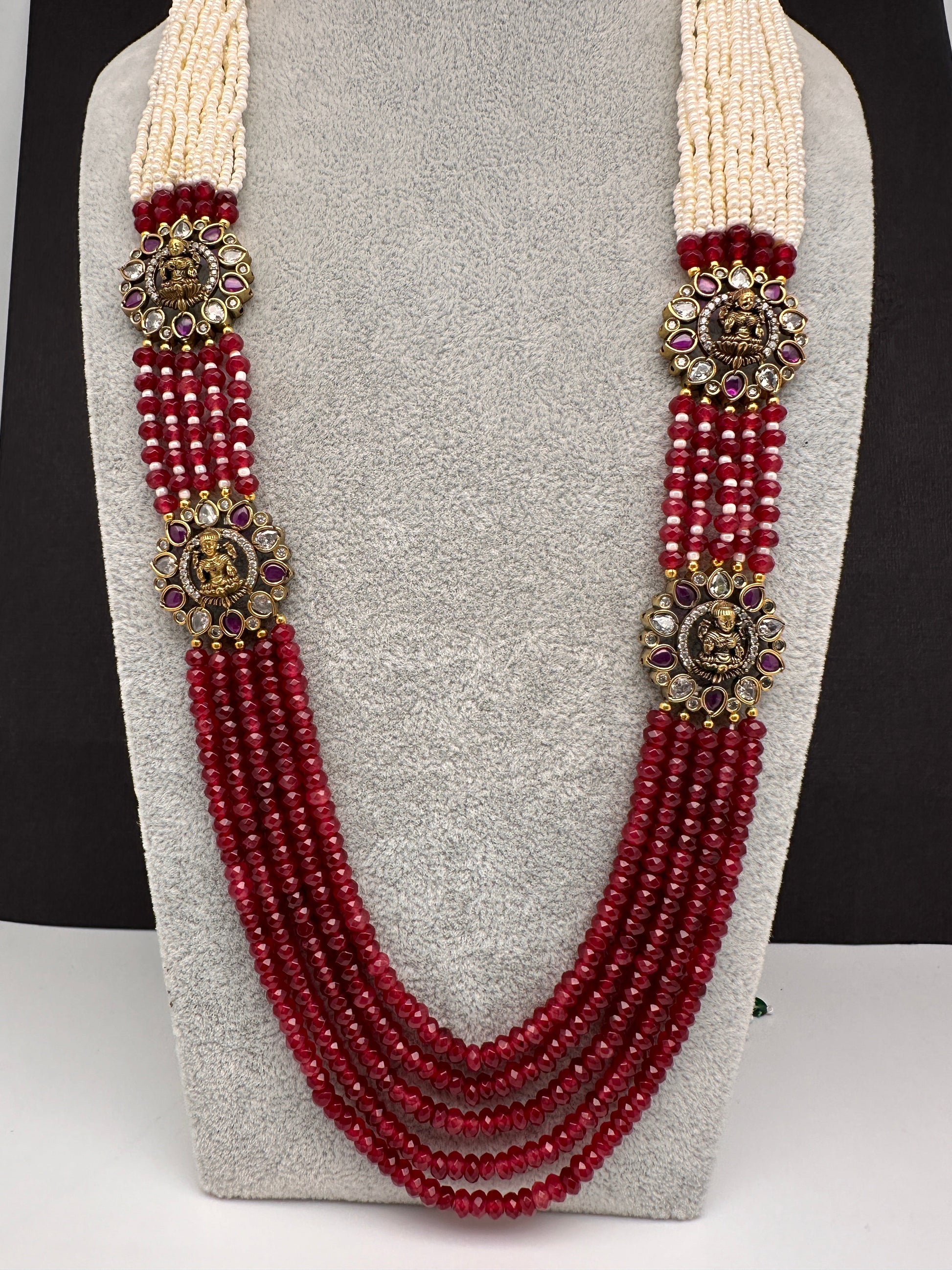 Victorian Goddess Lakshmi Color Multi Layer Beads Necklace - Red