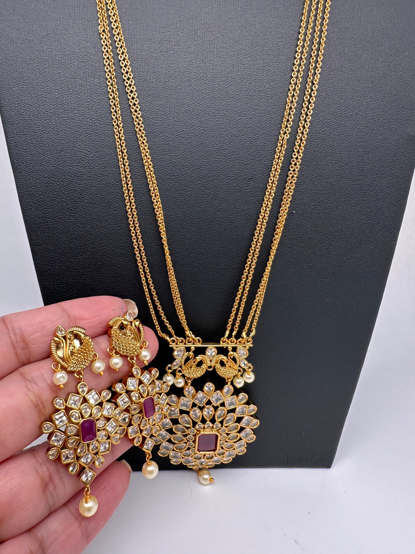CZ Long Pendent Chain Necklace - Red