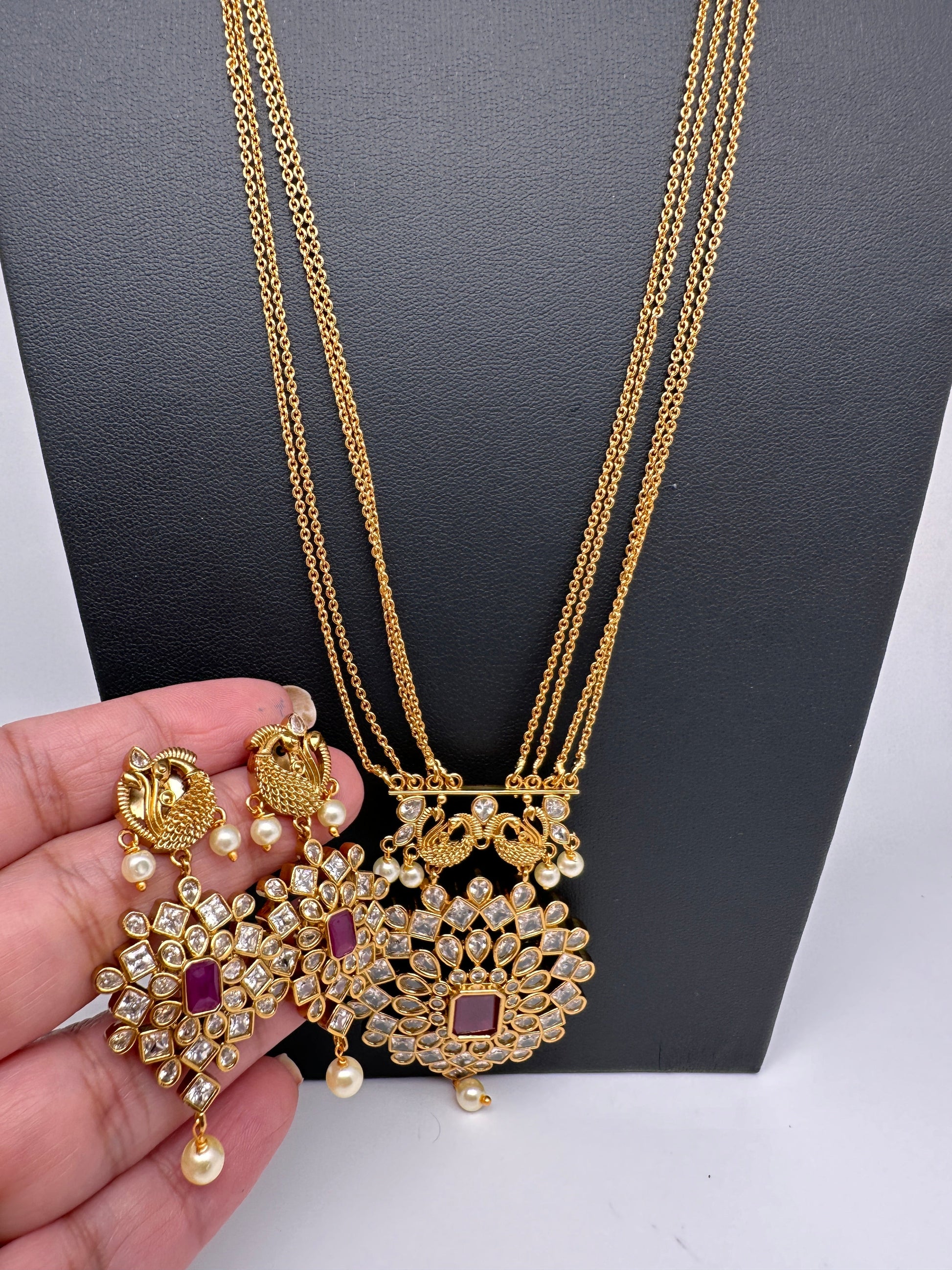 CZ Long Pendent Chain Necklace - Red