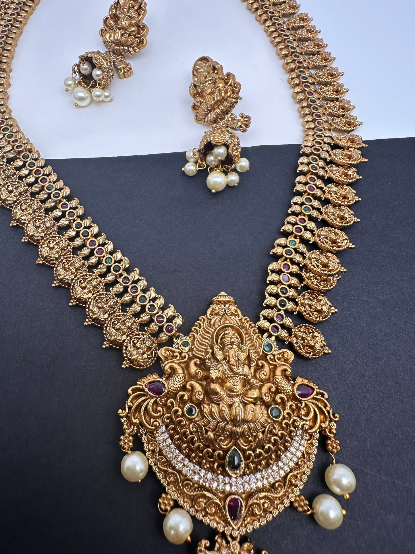 Matte Ganesha Goddess Lakshmi Kassu Mala Long Necklace