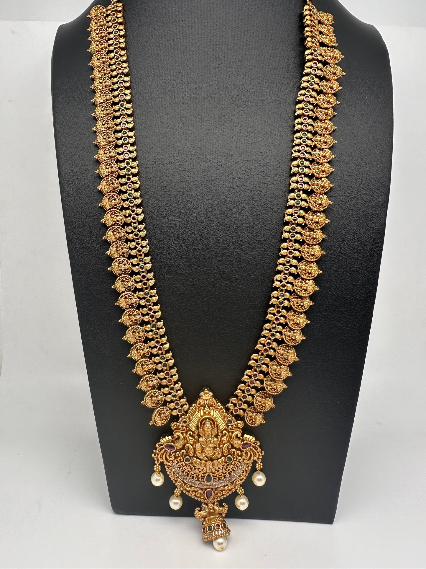 Matte Ganesha Goddess Lakshmi Kassu Mala Long Necklace