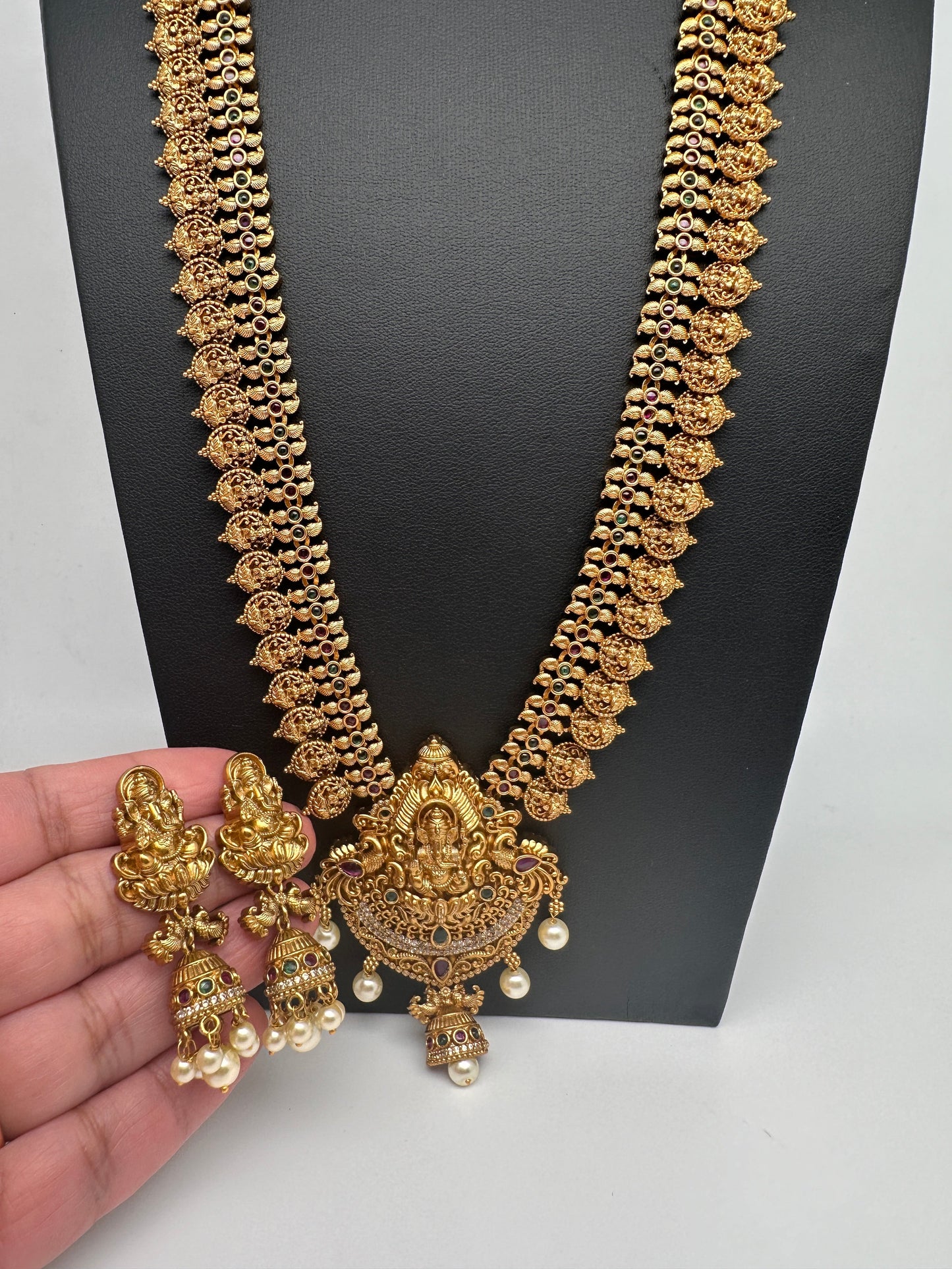 Matte Ganesha Goddess Lakshmi Kassu Mala Long Necklace