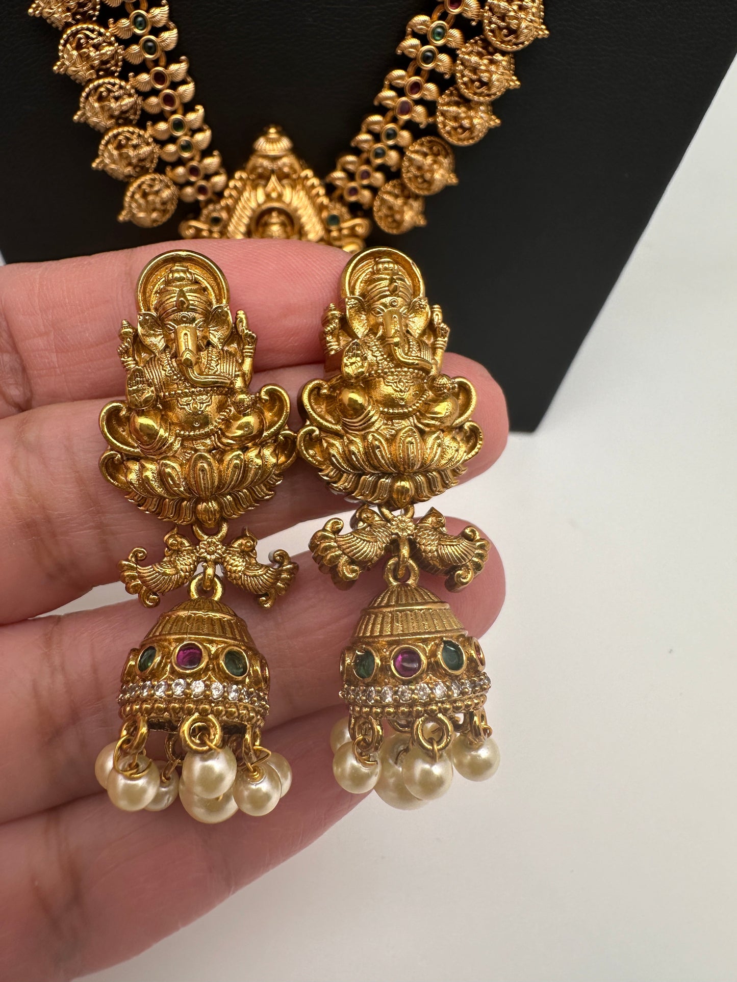 Matte Ganesha Goddess Lakshmi Kassu Mala Long Necklace