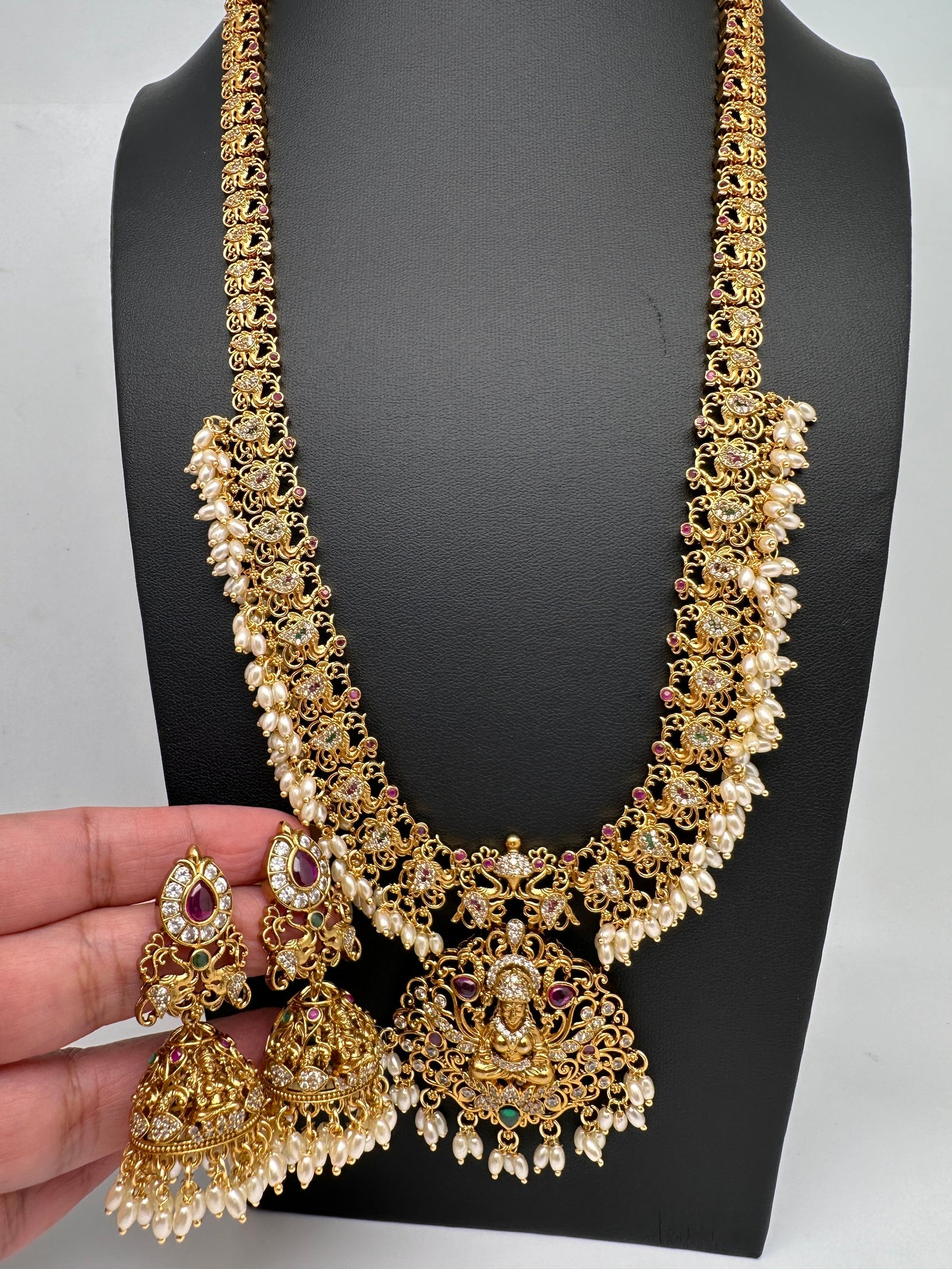 Matte Goddess Lakshmi Rice Pearls Guttapusalu Long Necklace