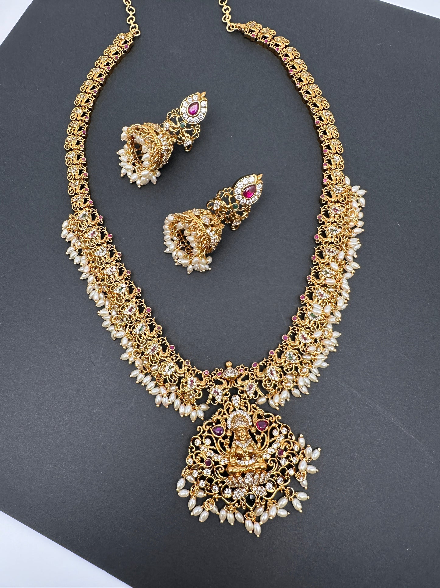 Matte Goddess Lakshmi Rice Pearls Guttapusalu Long Necklace