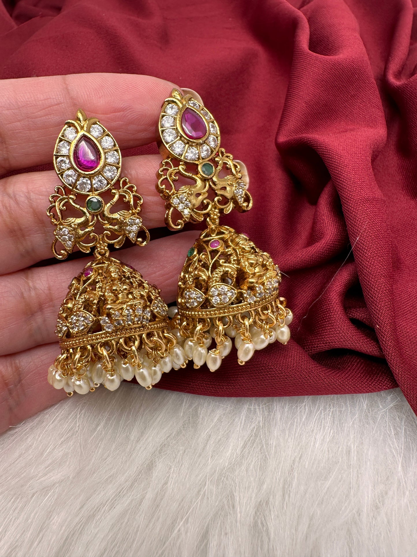 Matte Goddess Lakshmi Rice Pearls Guttapusalu Long Necklace
