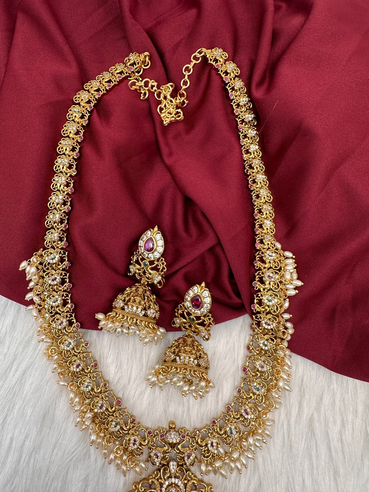 Matte Goddess Lakshmi Rice Pearls Guttapusalu Long Necklace
