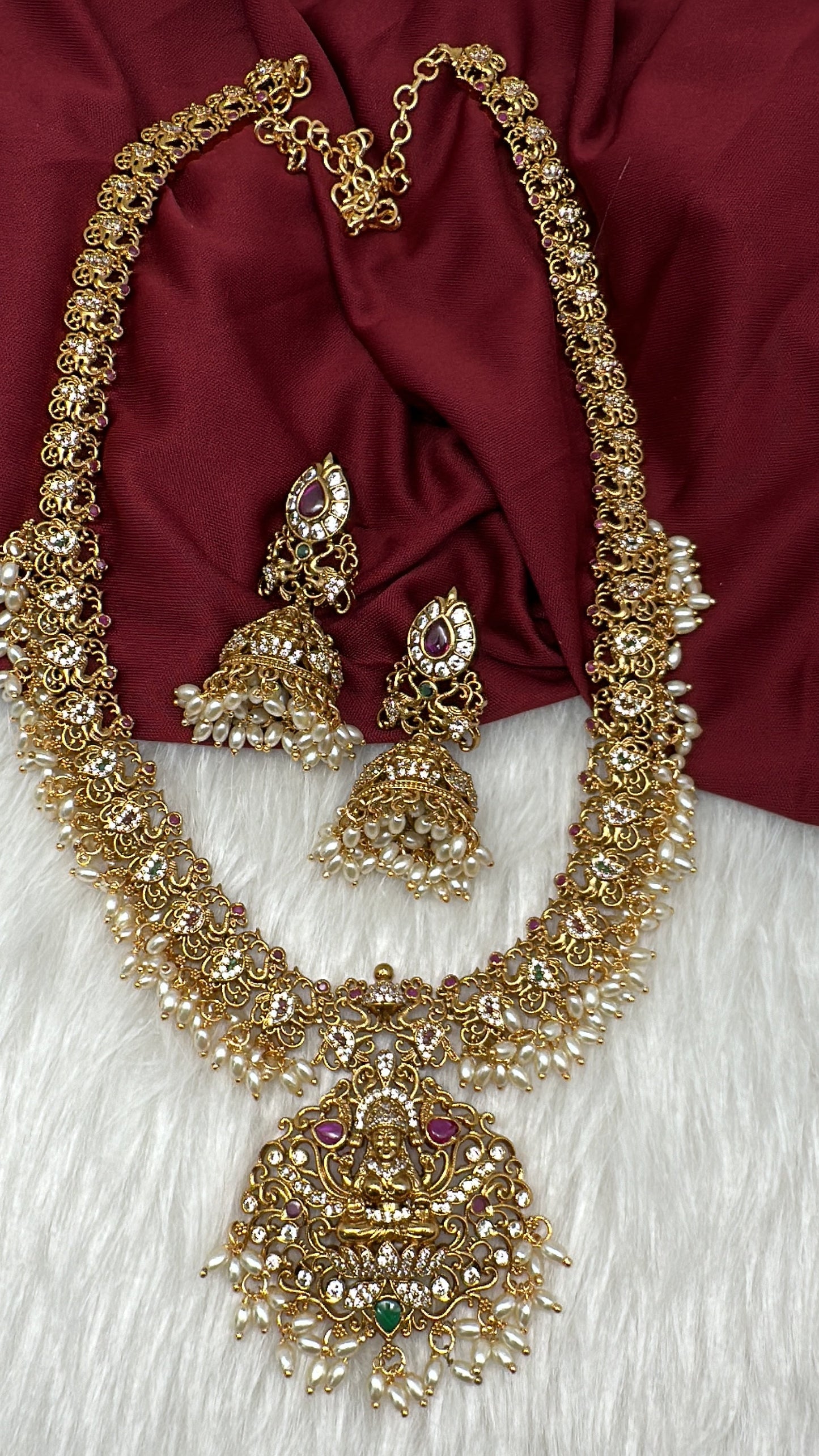 Matte Goddess Lakshmi Rice Pearls Guttapusalu Long Necklace