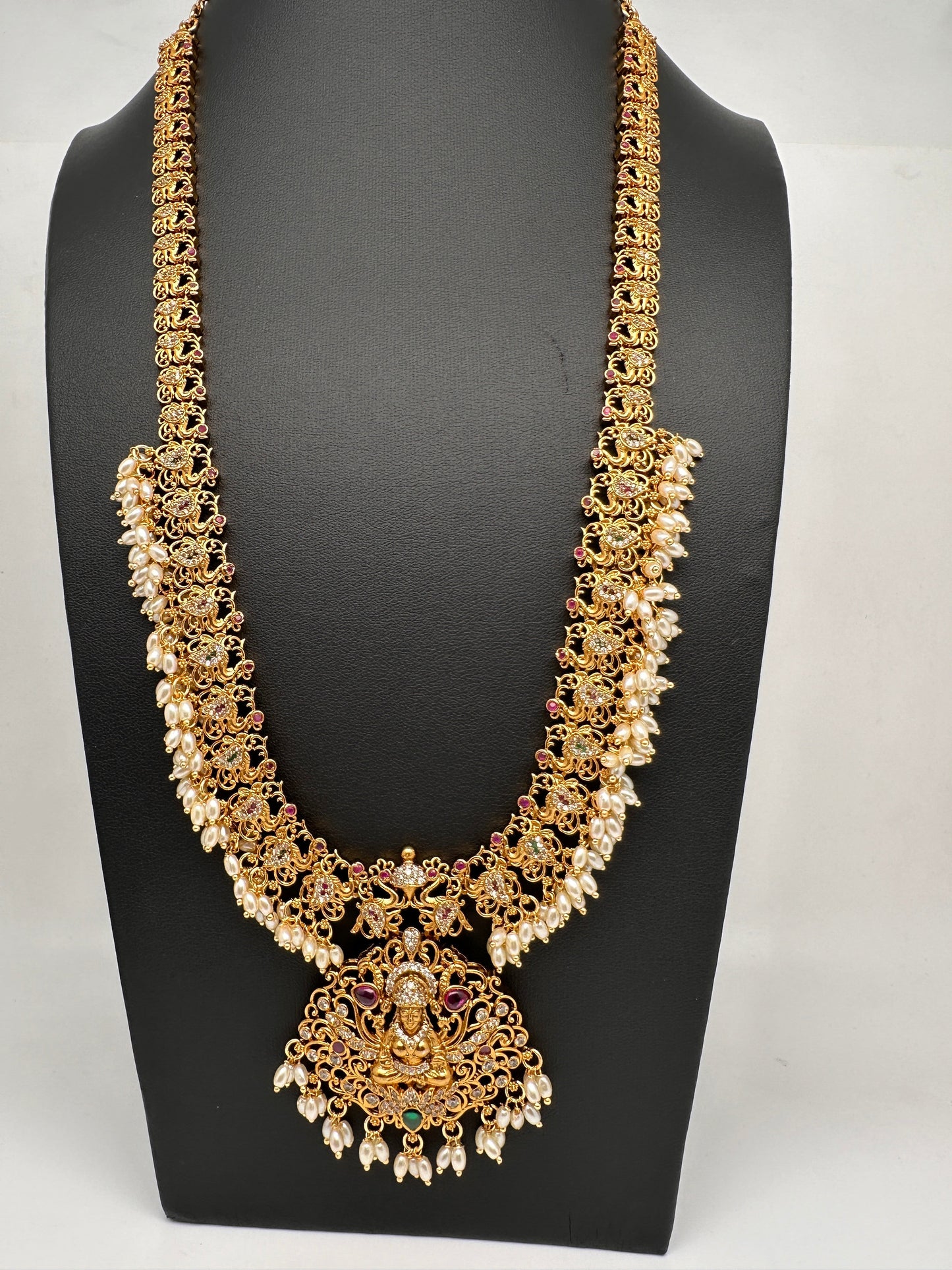 Matte Goddess Lakshmi Rice Pearls Guttapusalu Long Necklace