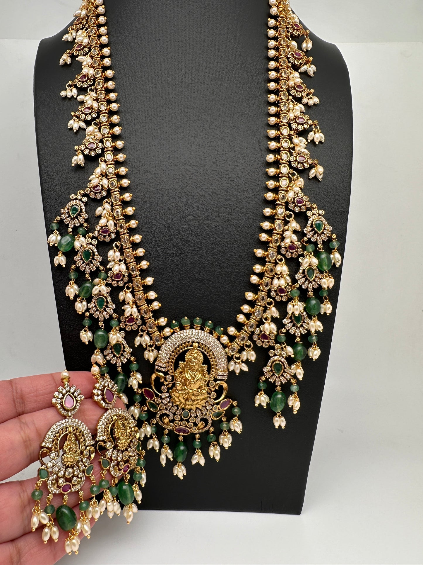 Matte Goddess Lakshmi Rice Pearls Green Guttapusalu Long Necklace