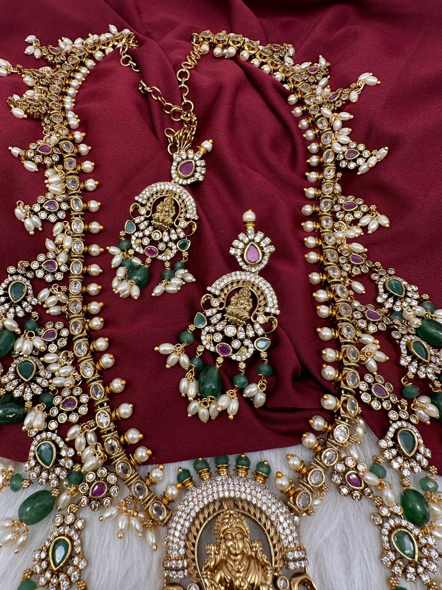 Matte Goddess Lakshmi Rice Pearls Green Guttapusalu Long Necklace