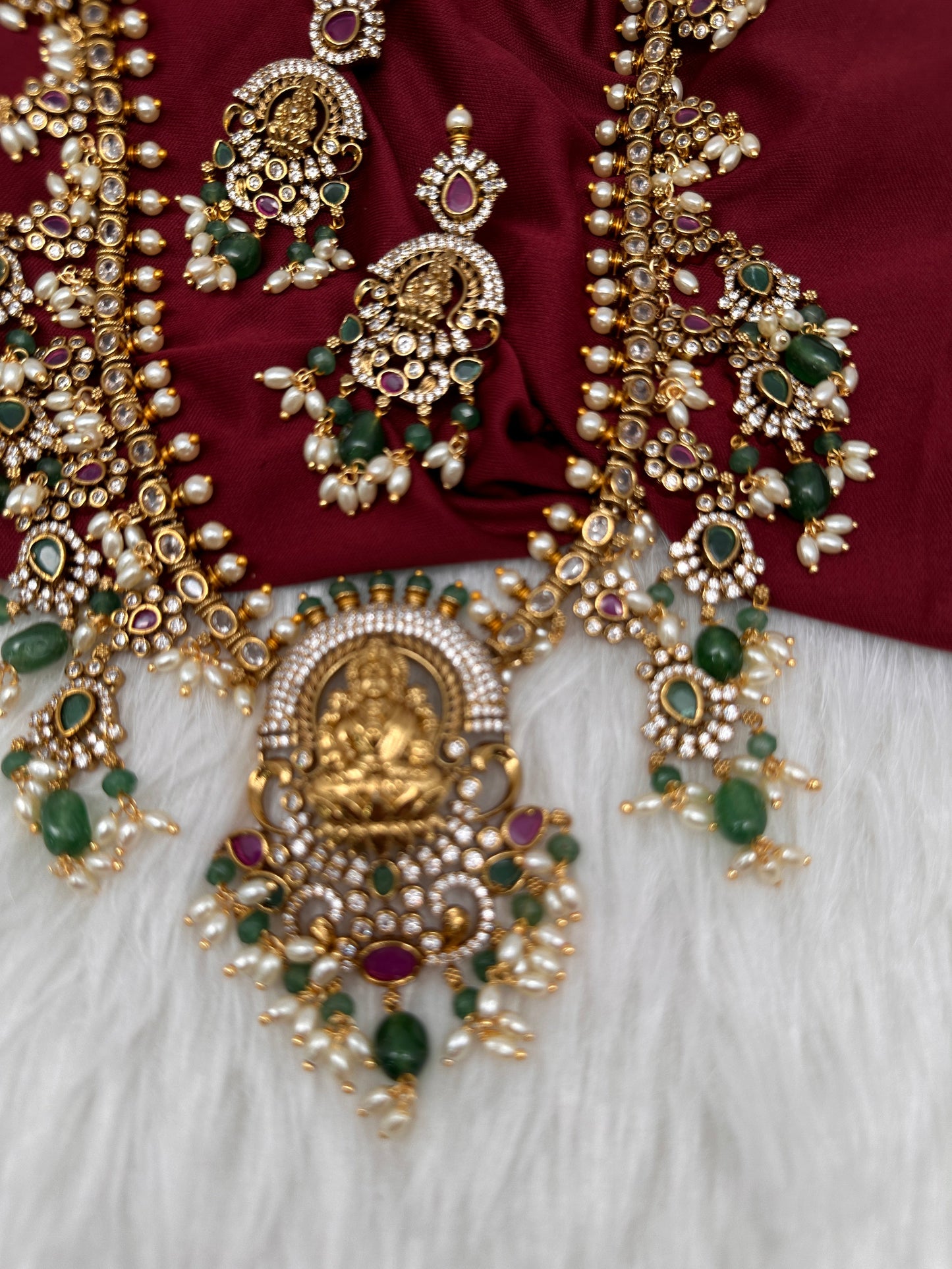 Matte Goddess Lakshmi Rice Pearls Green Guttapusalu Long Necklace