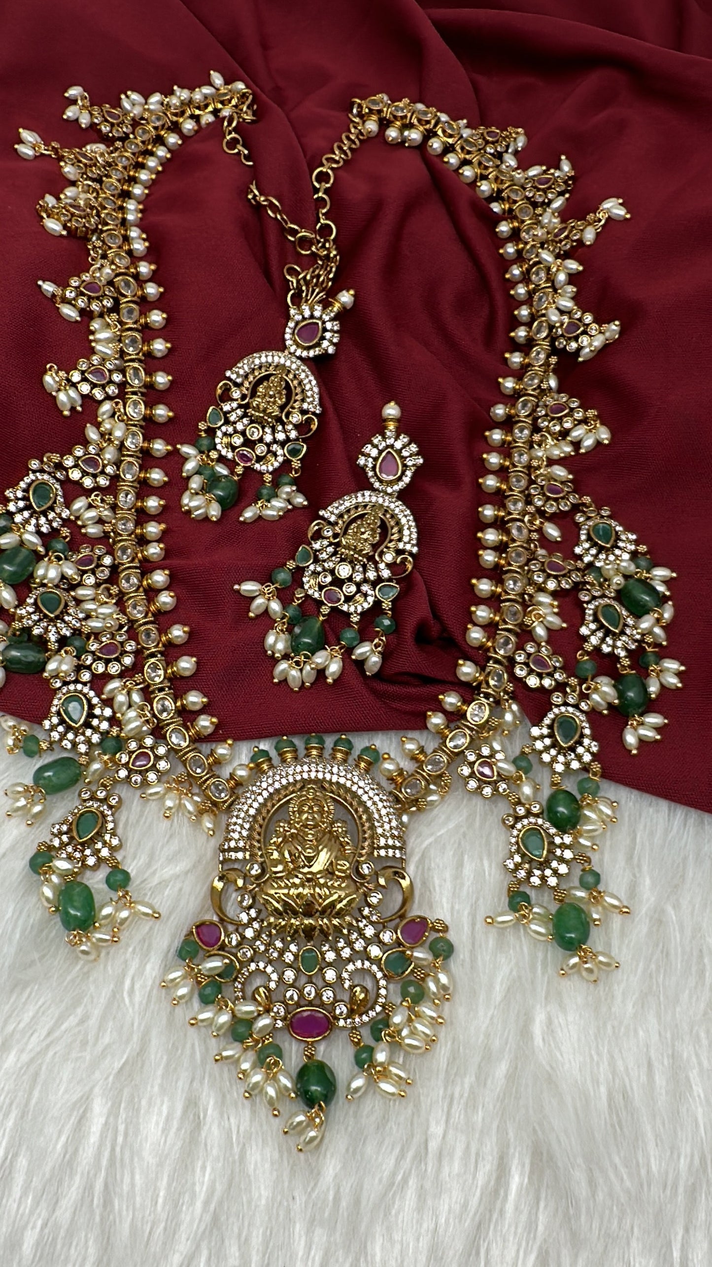Matte Goddess Lakshmi Rice Pearls Green Guttapusalu Long Necklace