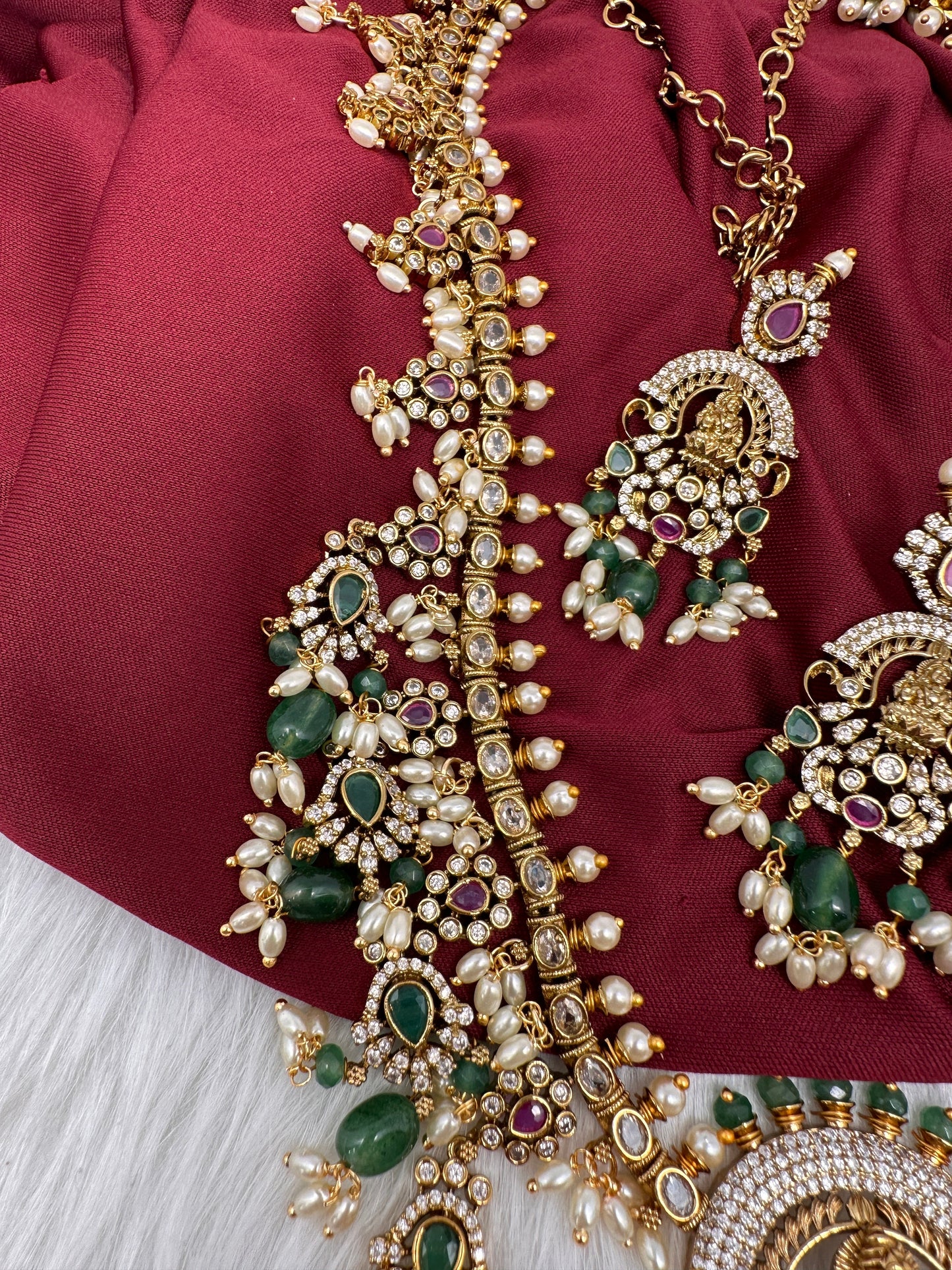 Matte Goddess Lakshmi Rice Pearls Green Guttapusalu Long Necklace