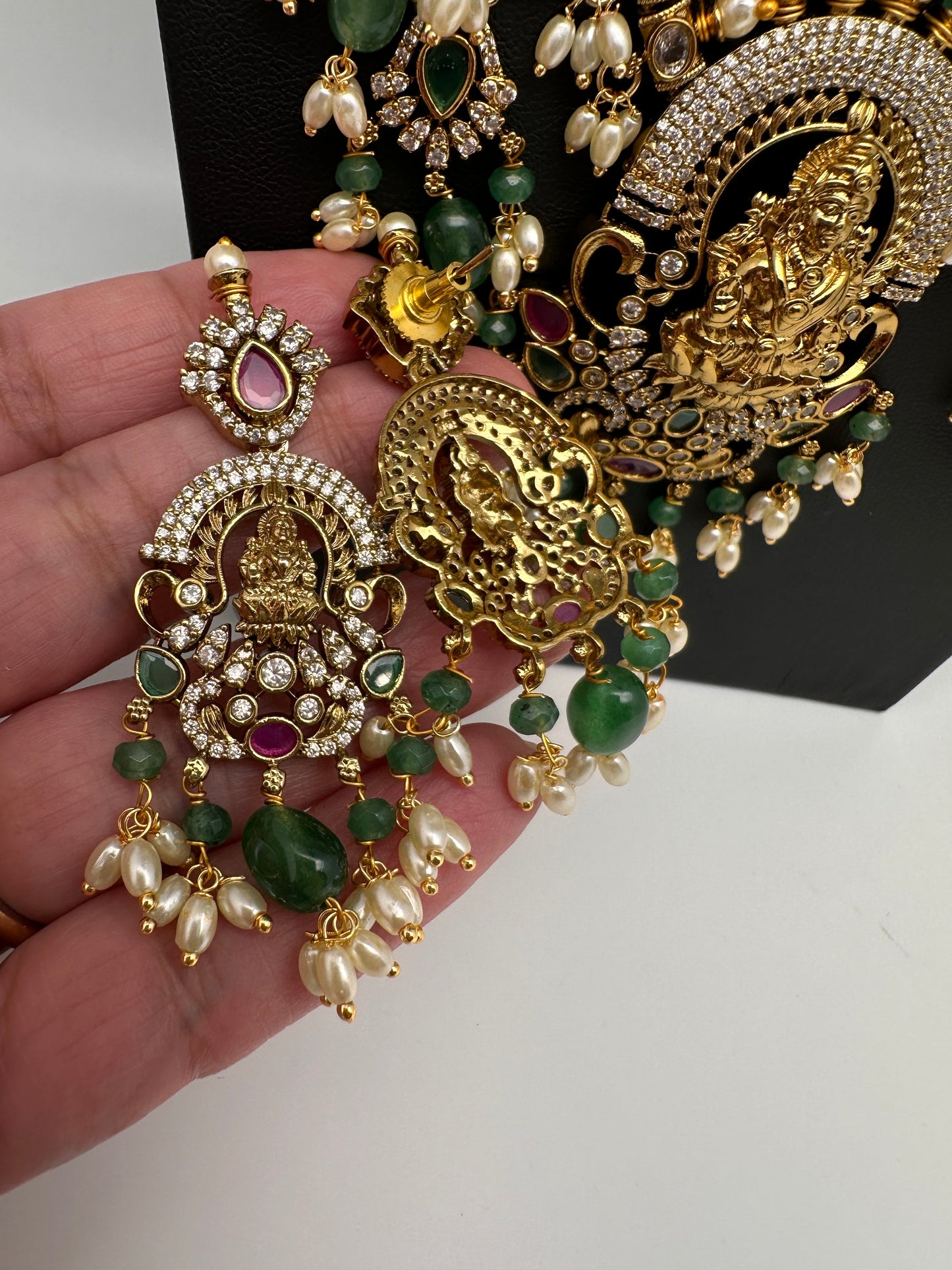 Matte Goddess Lakshmi Rice Pearls Green Guttapusalu Long Necklace