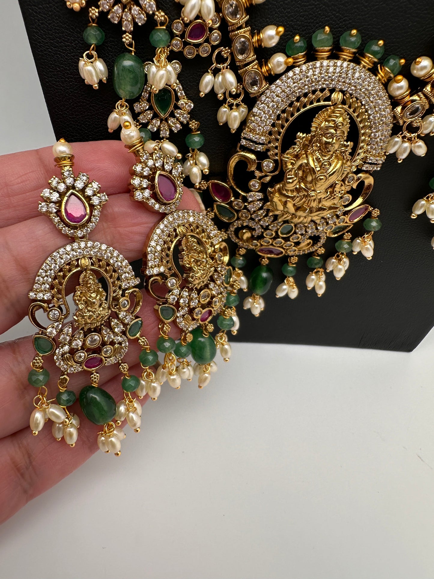 Matte Goddess Lakshmi Rice Pearls Green Guttapusalu Long Necklace