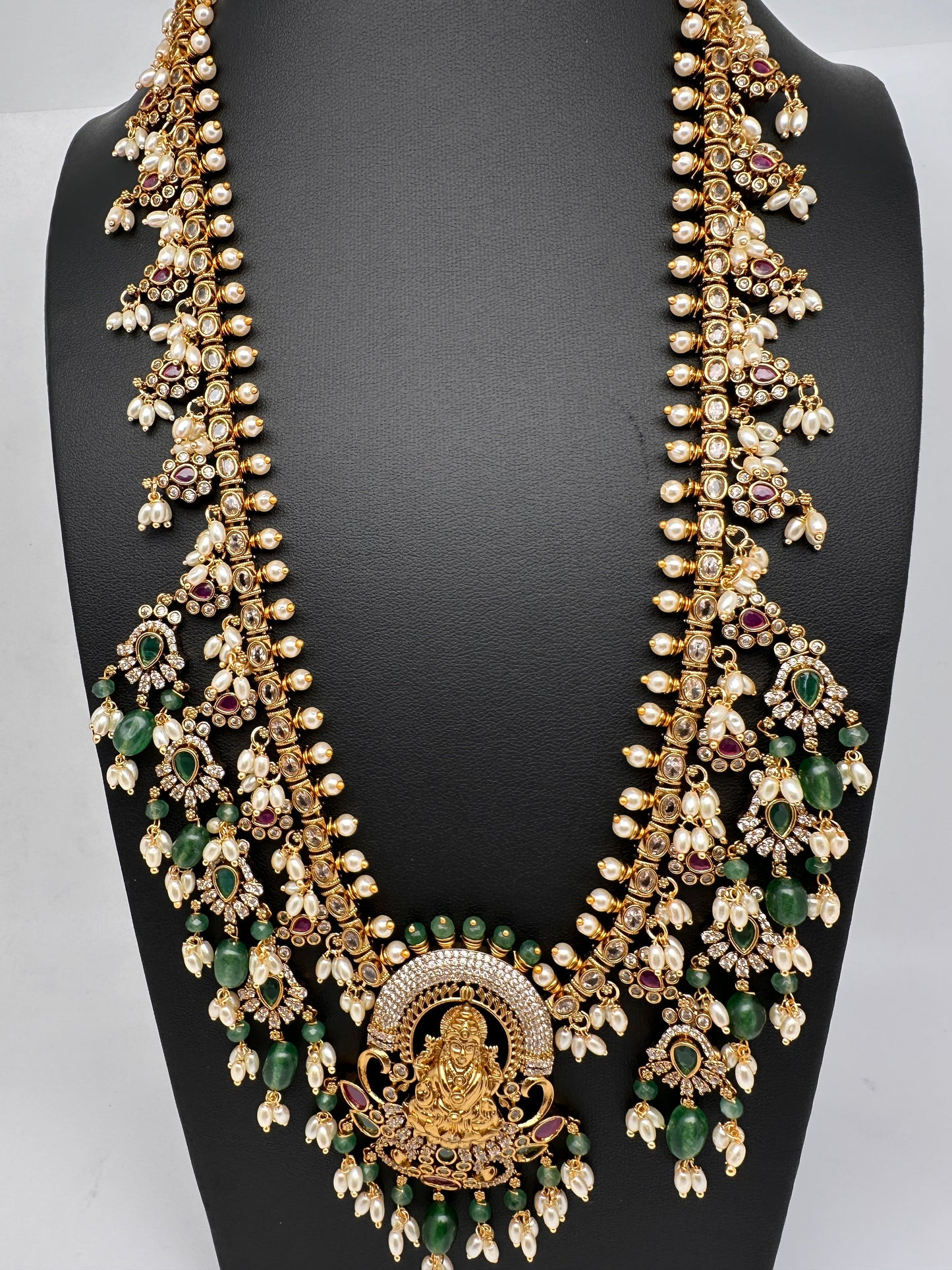 Matte Goddess Lakshmi Rice Pearls Green Guttapusalu Long Necklace