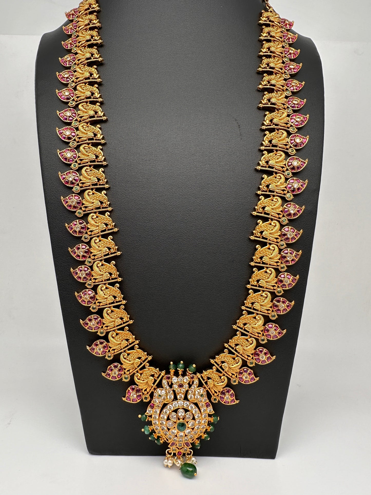Matte Kempu Mango Peacock Long Necklace