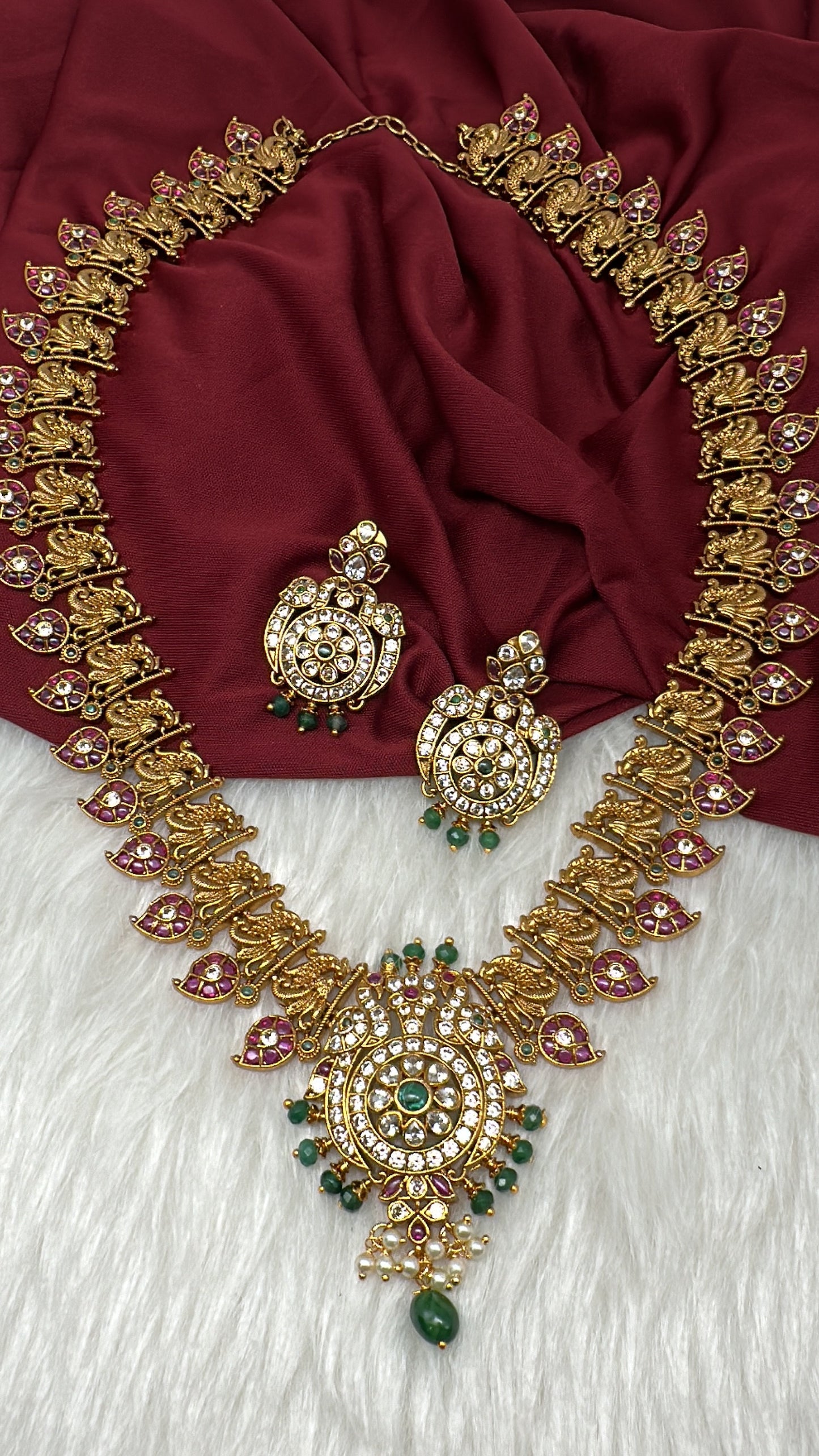 Matte Kempu Mango Peacock Long Necklace