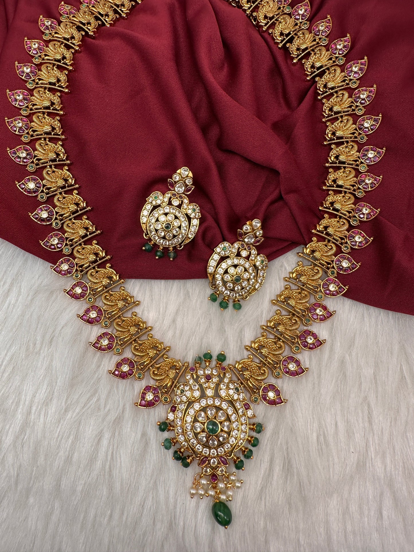Matte Kempu Mango Peacock Long Necklace