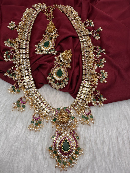 Lakshmi rice pearl long necklace with green beads