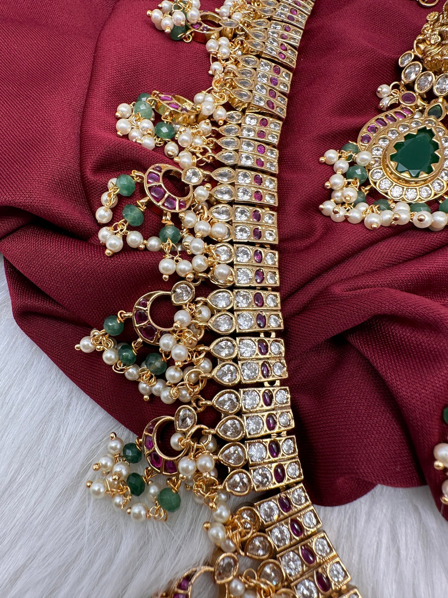 Goddess Lakshmi CZ Pearls Guttapusalu Long Necklace