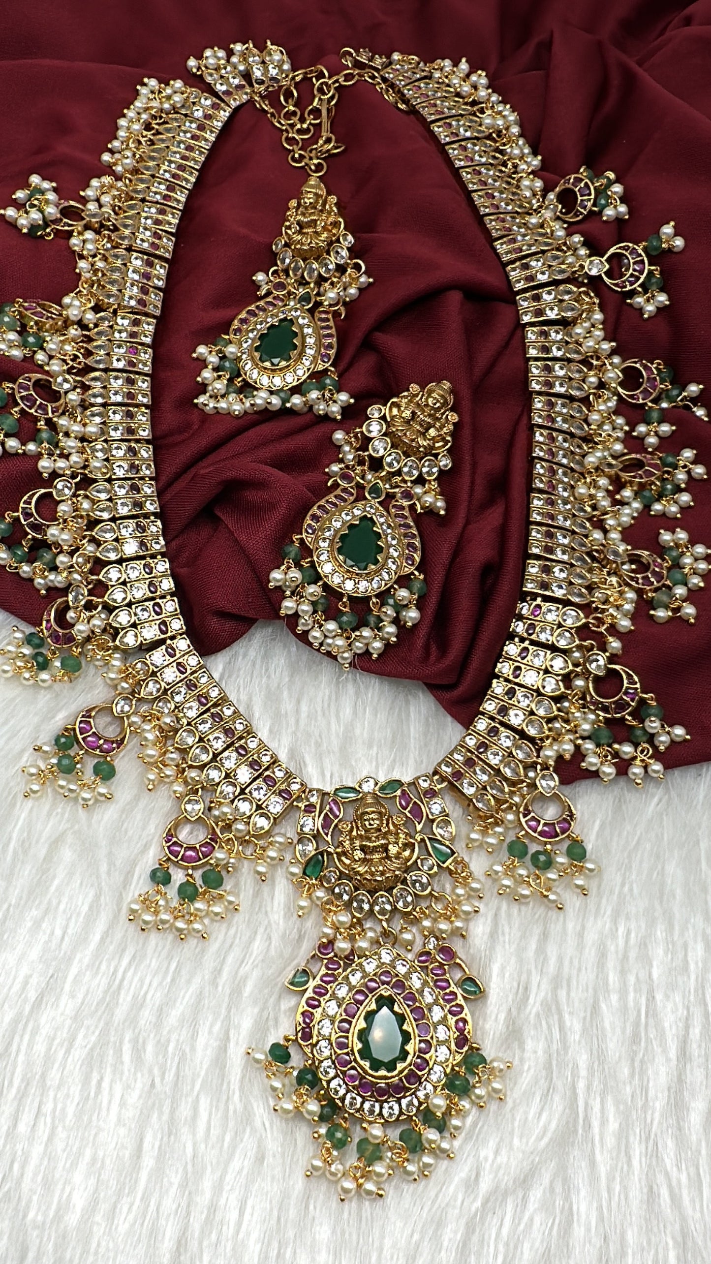 Goddess Lakshmi CZ Pearls Guttapusalu Long Necklace