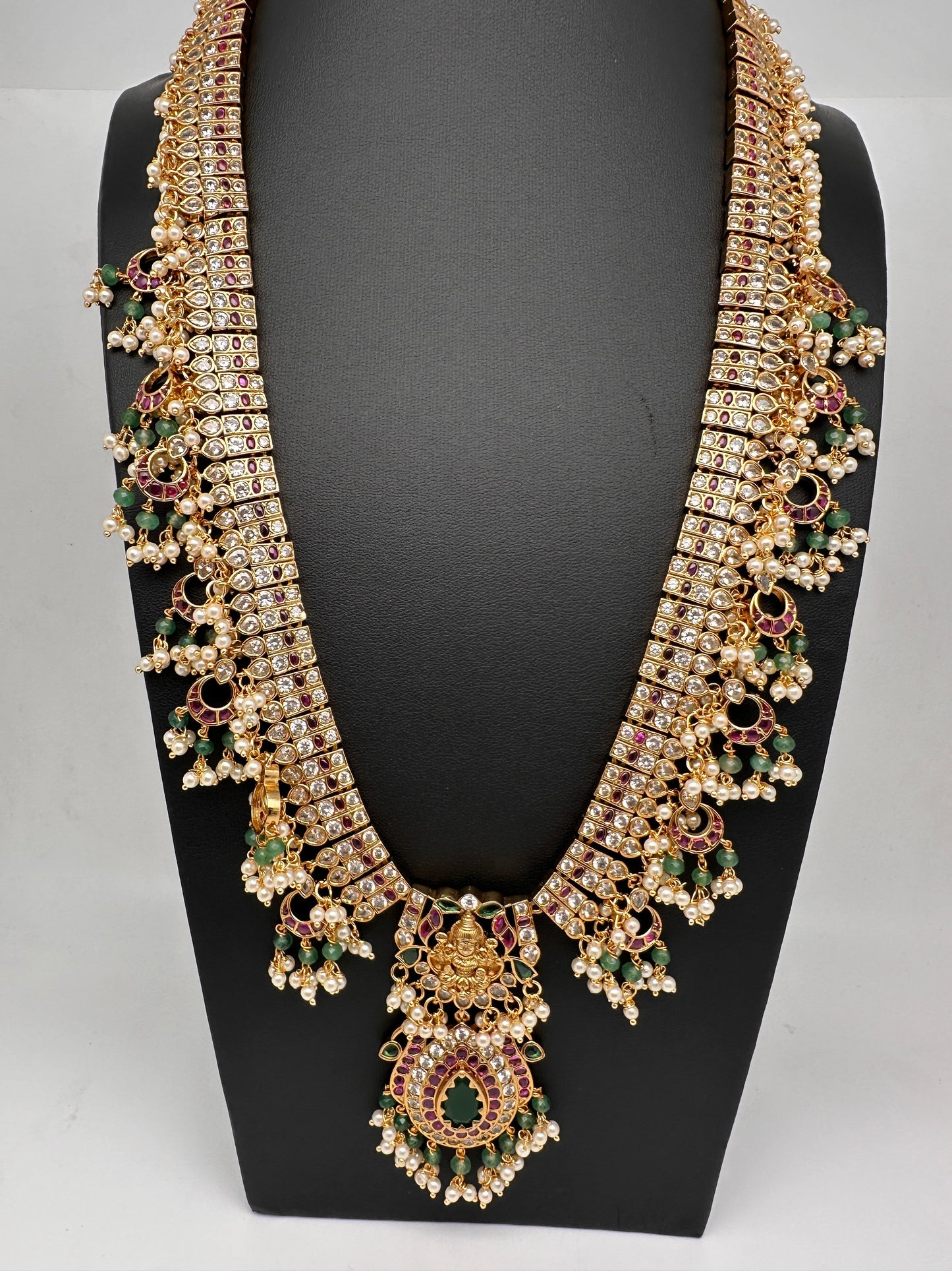 Goddess Lakshmi CZ Pearls Guttapusalu Long Necklace