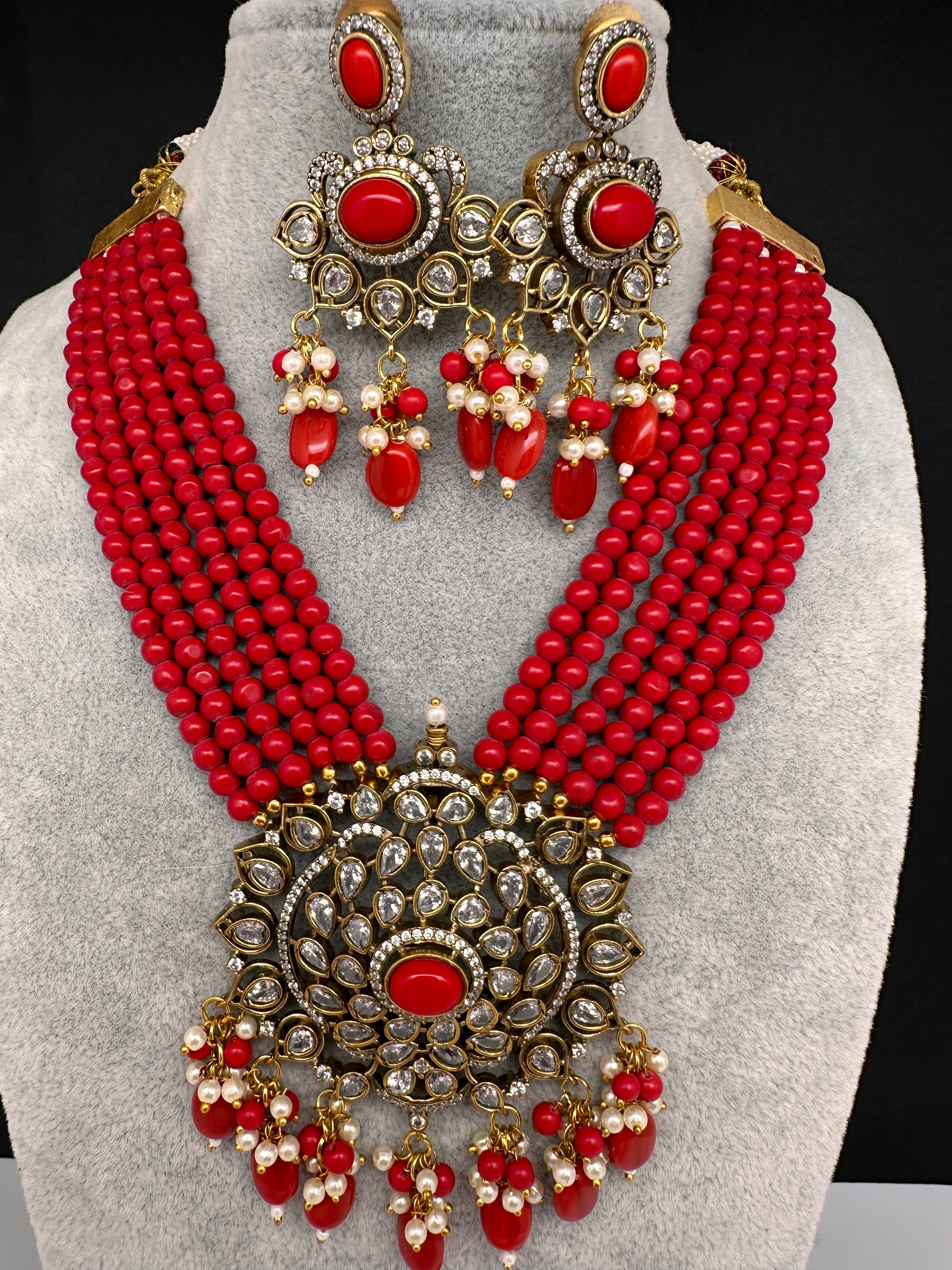 Victorian Moissanite Color Multi Layer Beads Short Necklace - Coral