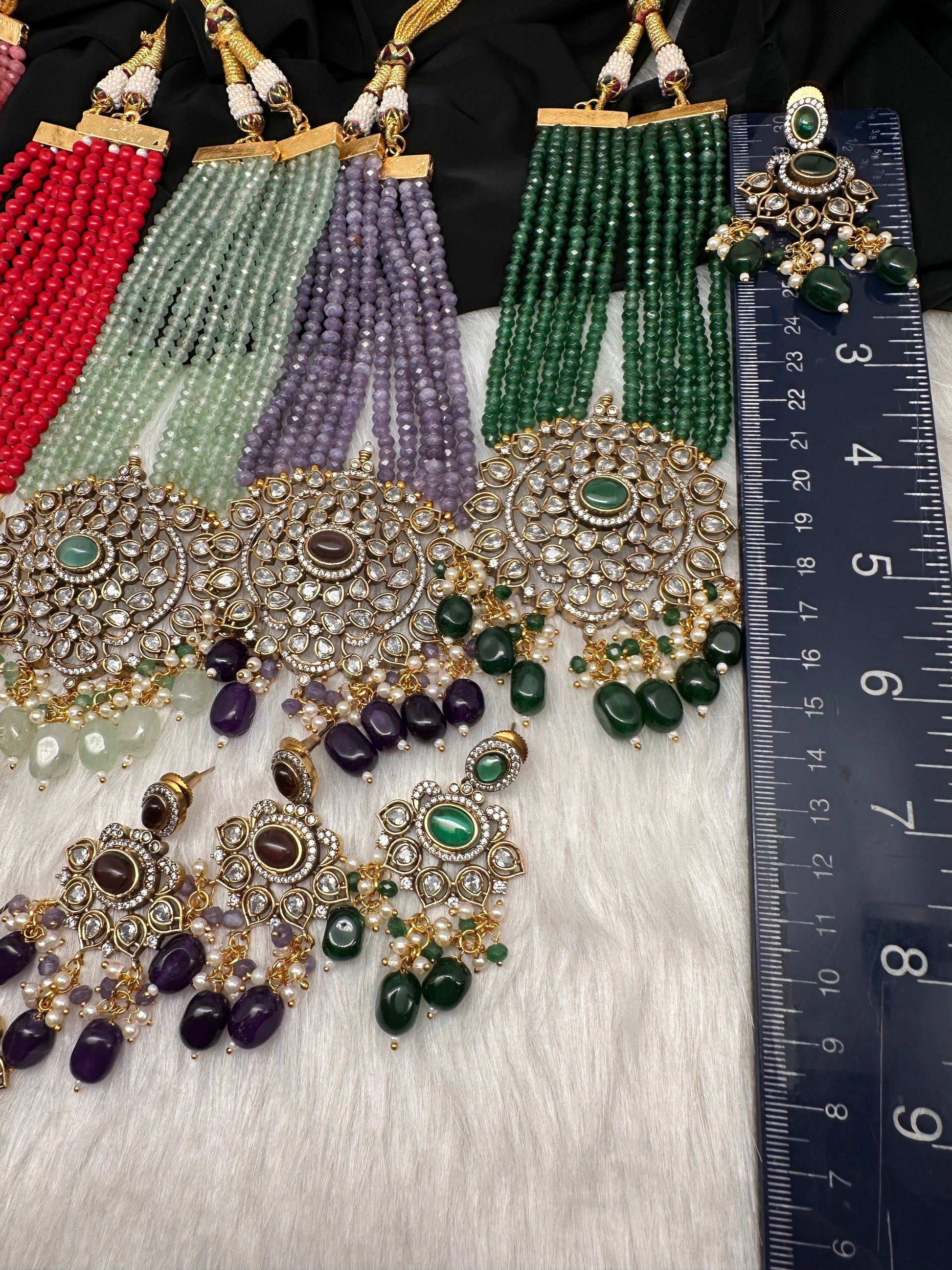 Victorian Moissanite Color Multi Layer Beads Short Necklace - Green