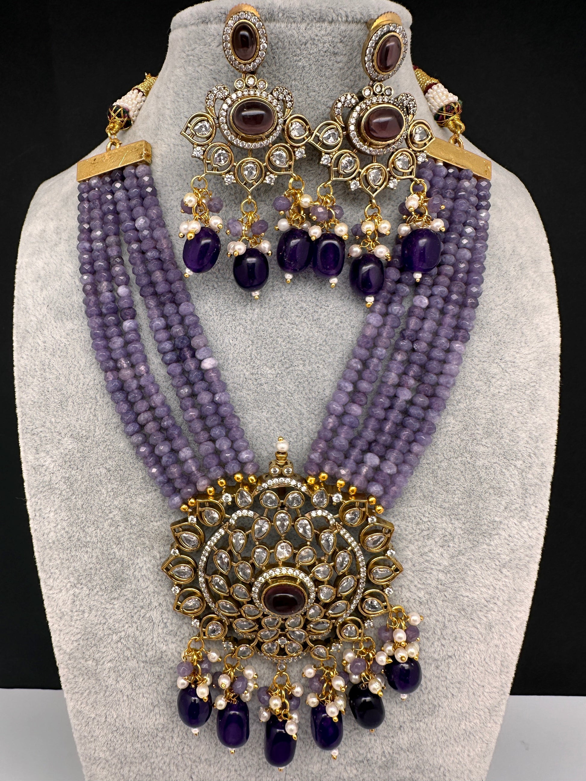 Victorian Moissanite Color Multi Layer Beads Short Necklace - Purple