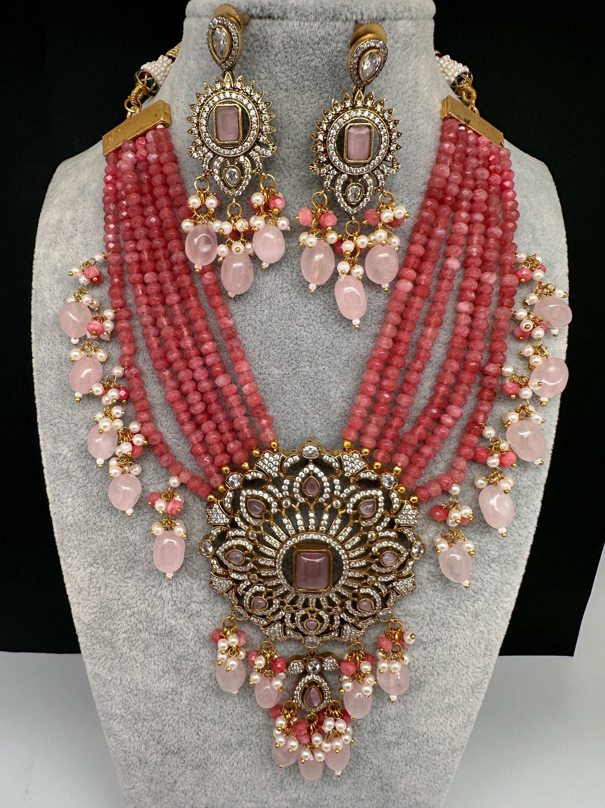 Victorian Moissanite Color Multi Layer Beads Short Necklace - Pink