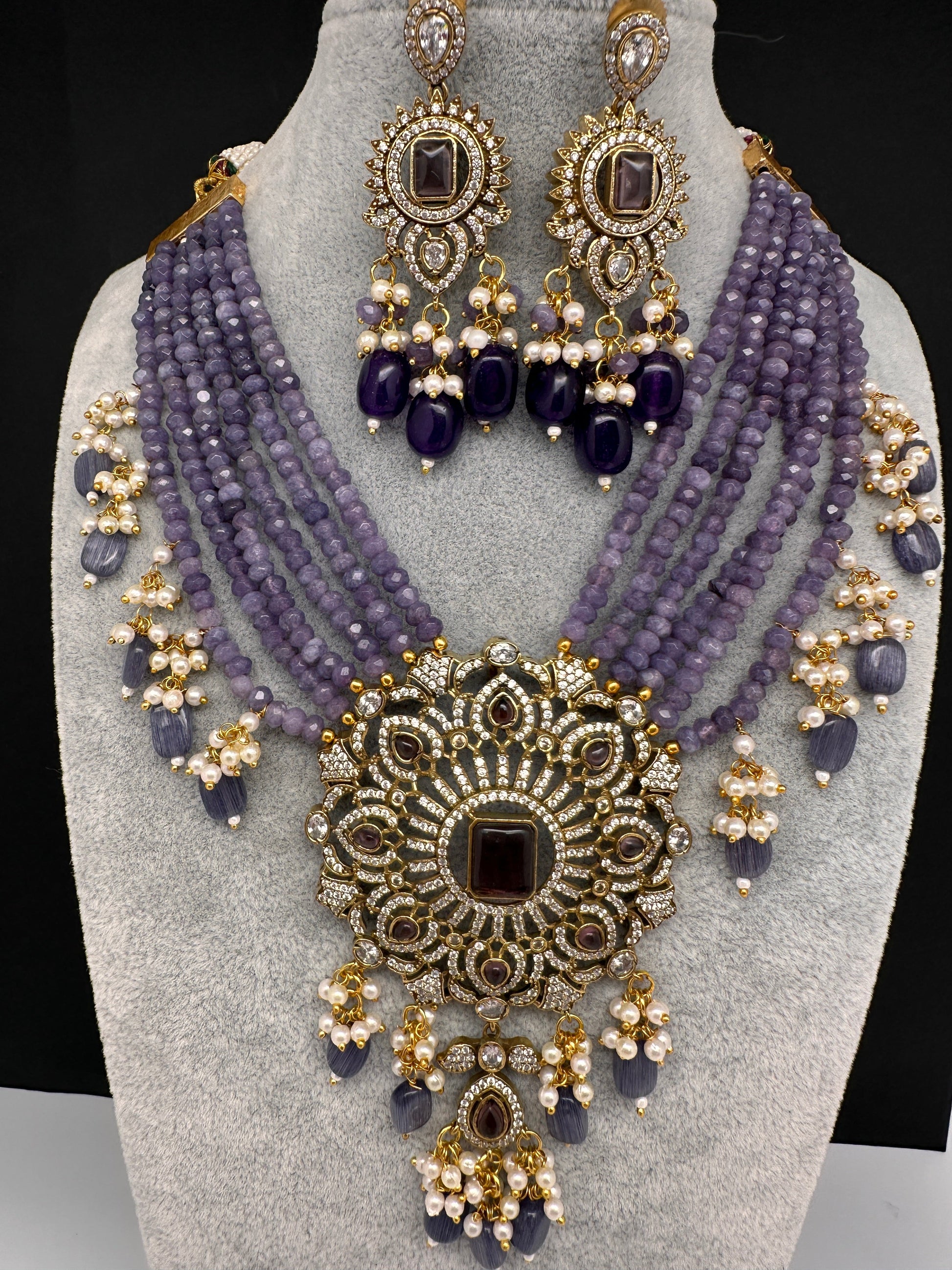 Victorian Moissanite Color Multi Layer Beads Short Necklace - Purple