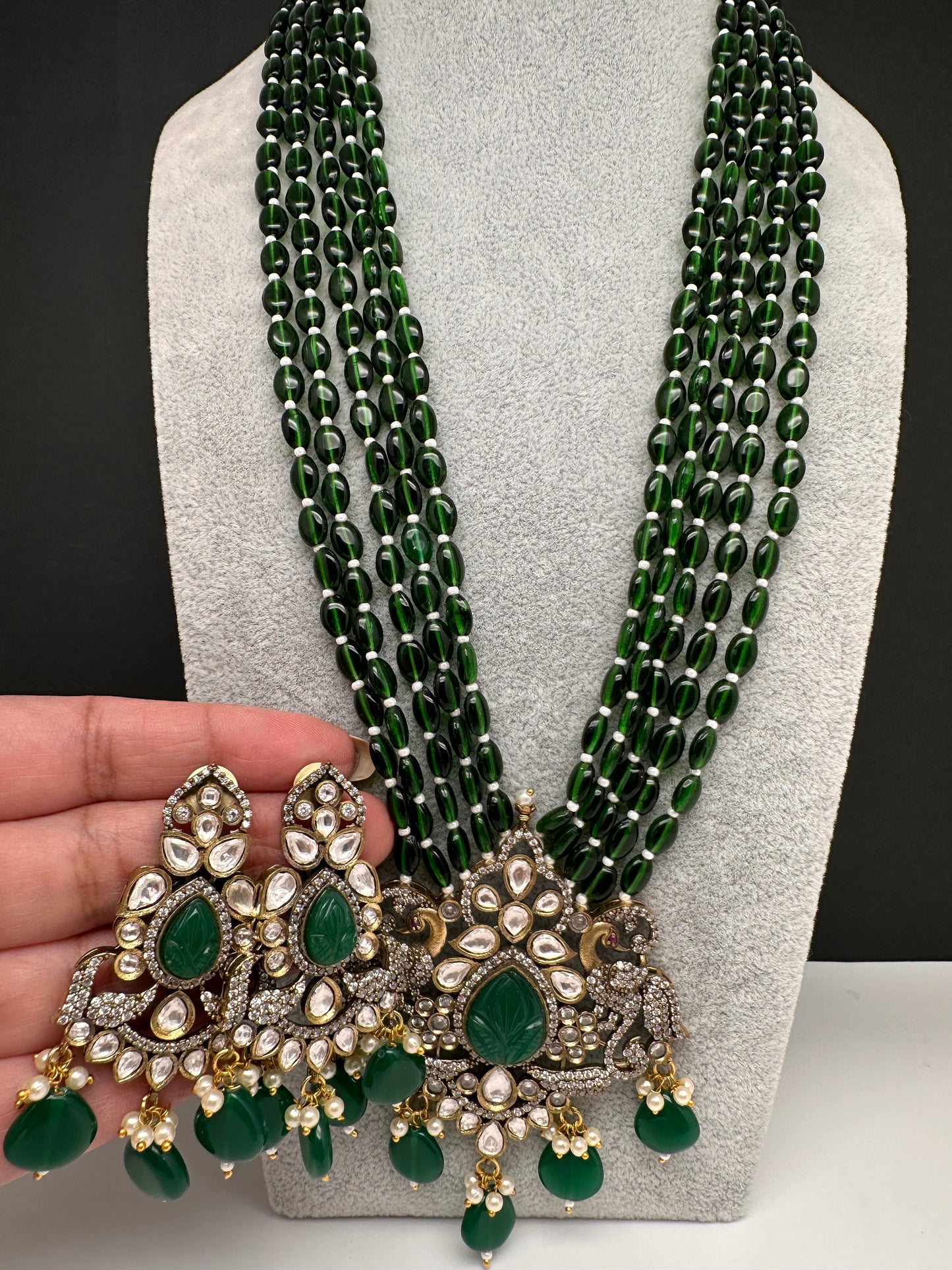 Victorian Kundan Color Multi Layer Beads Necklace - Green