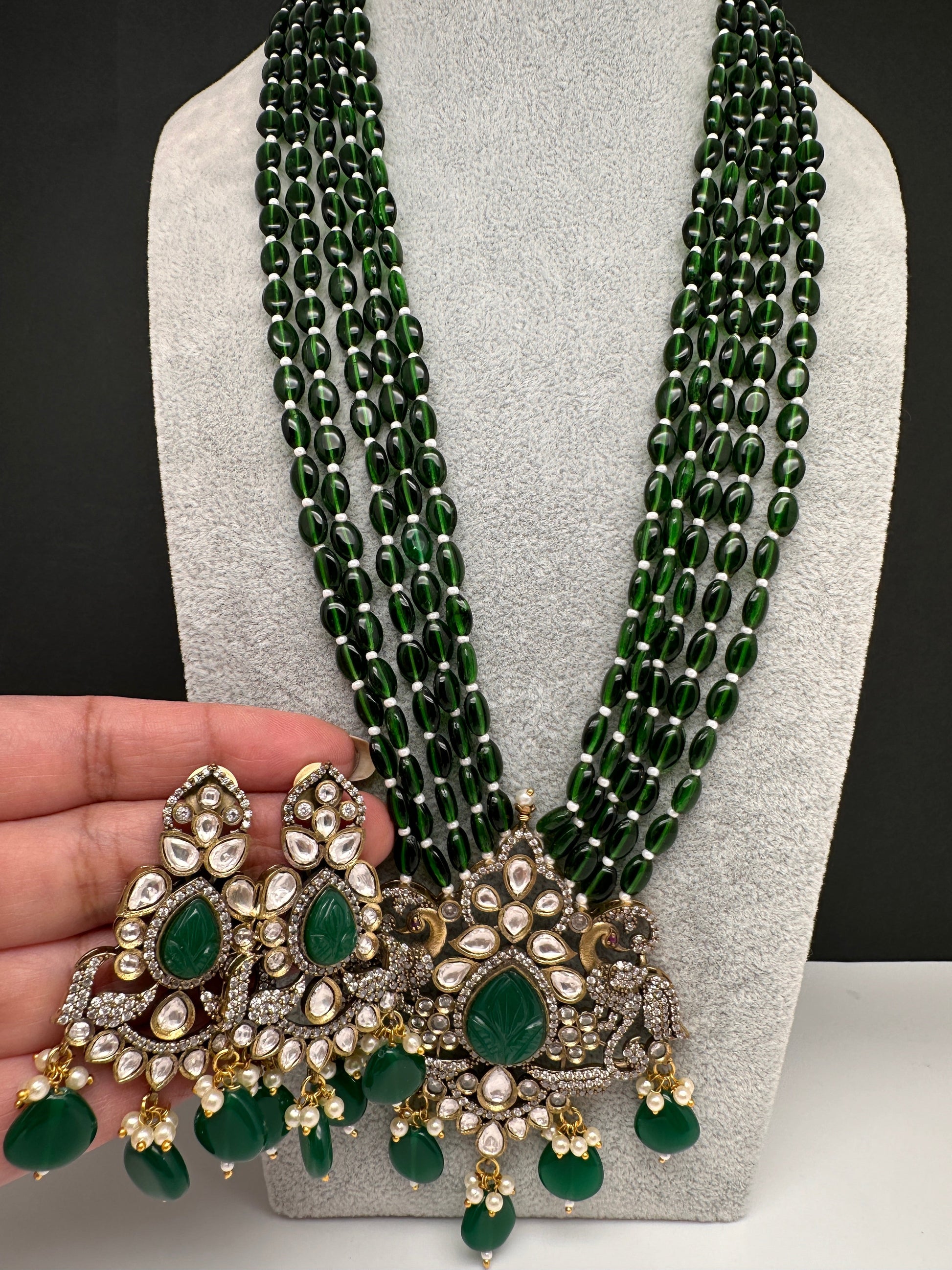 Victorian Kundan Color Multi Layer Beads Necklace - Green