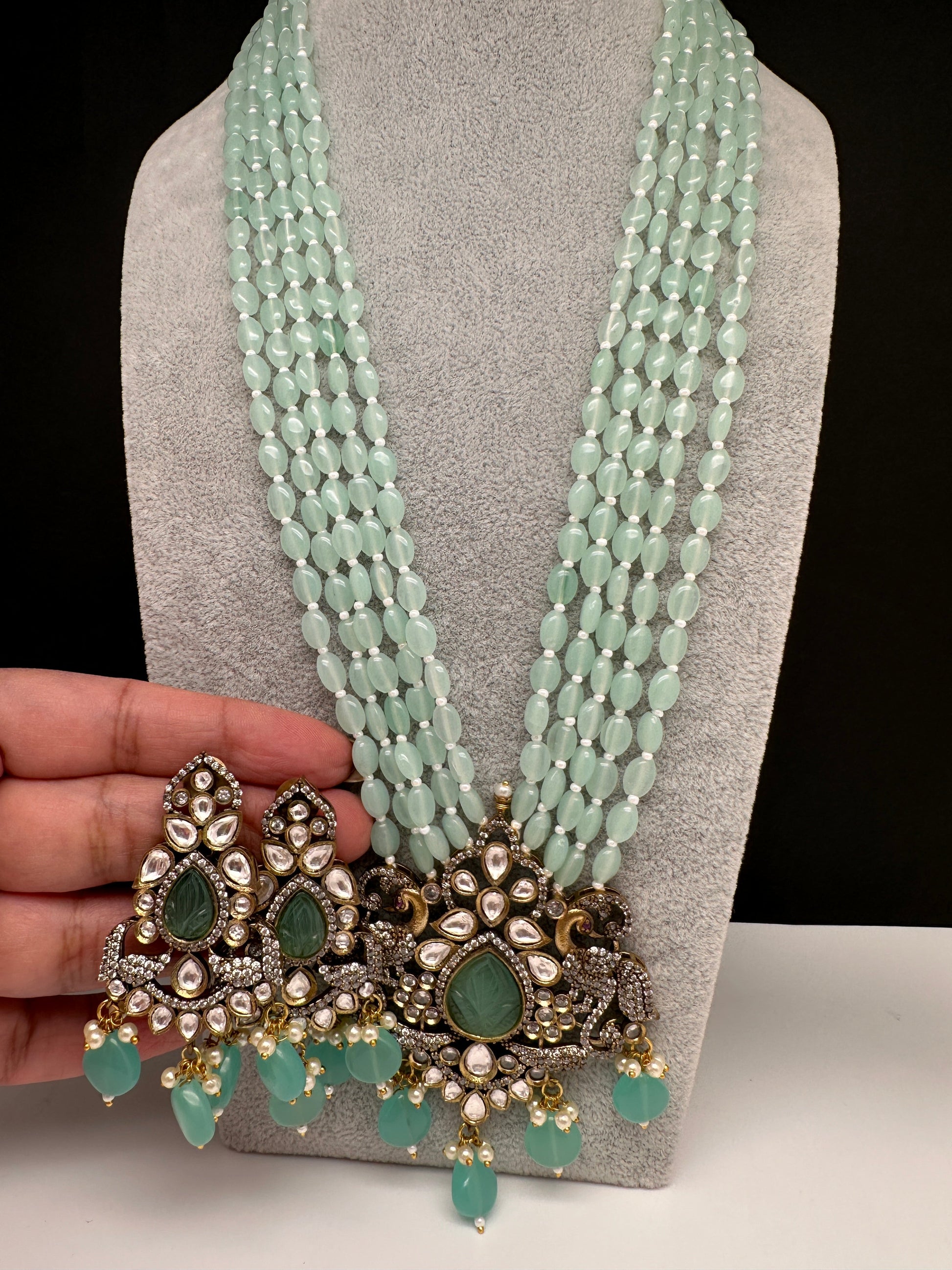 Victorian Kundan Color Multi Layer Beads Necklace - LightGreen