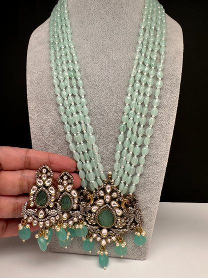 Victorian Kundan Color Multi Layer Beads Necklace - LightGreen