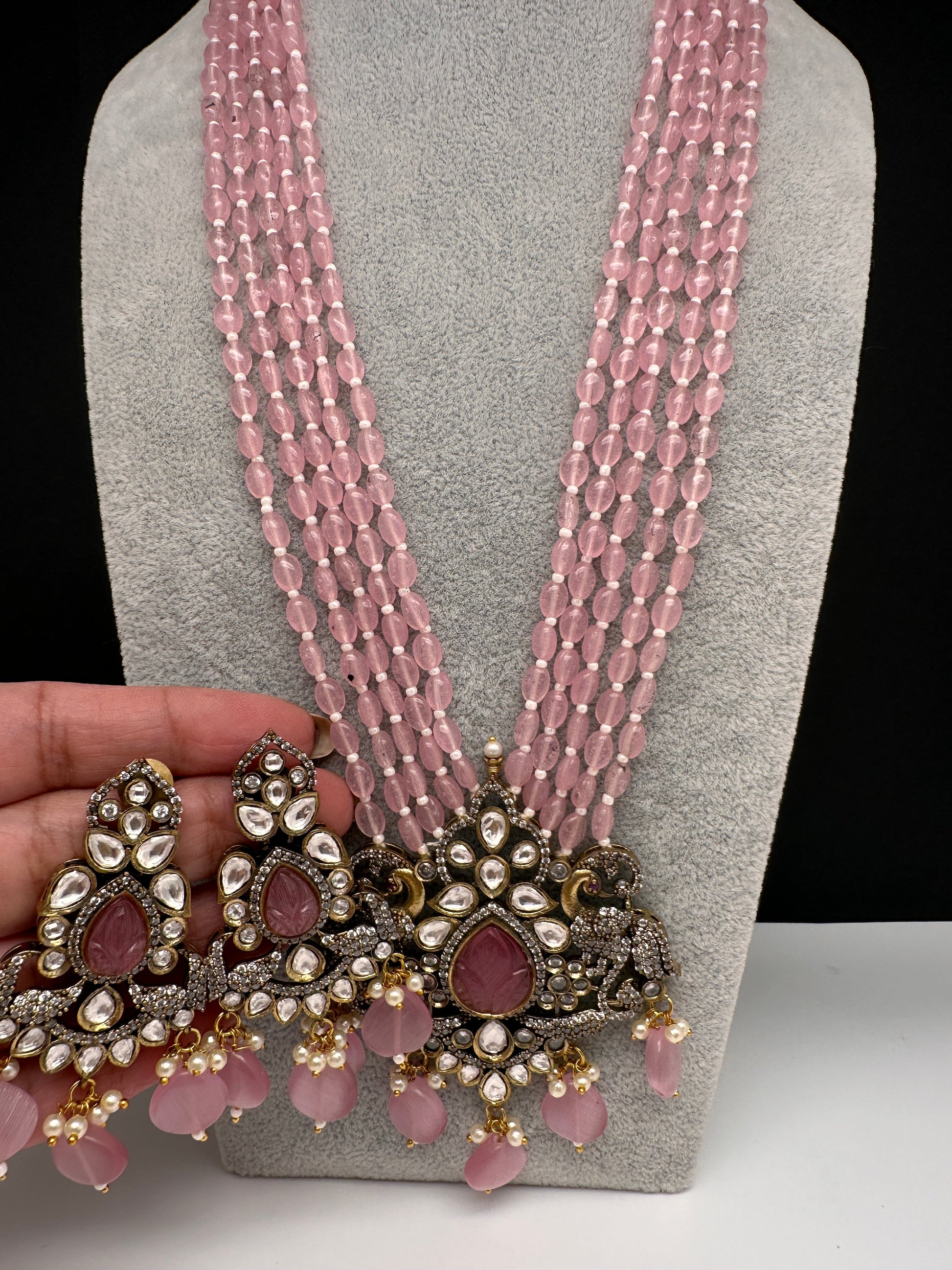 Victorian Kundan Color Multi Layer Beads Necklace - Pink