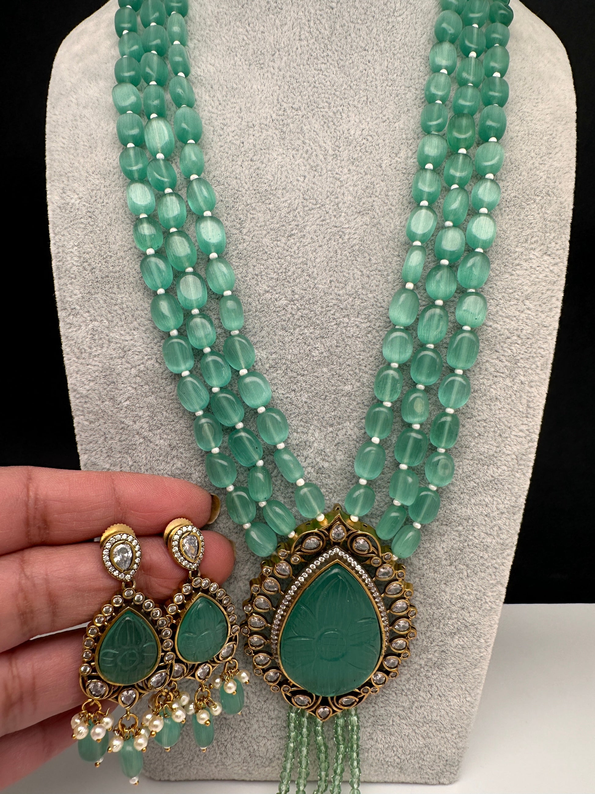Victorian AD Color Multi Layer Monalisa Beads Necklace - LightGreen