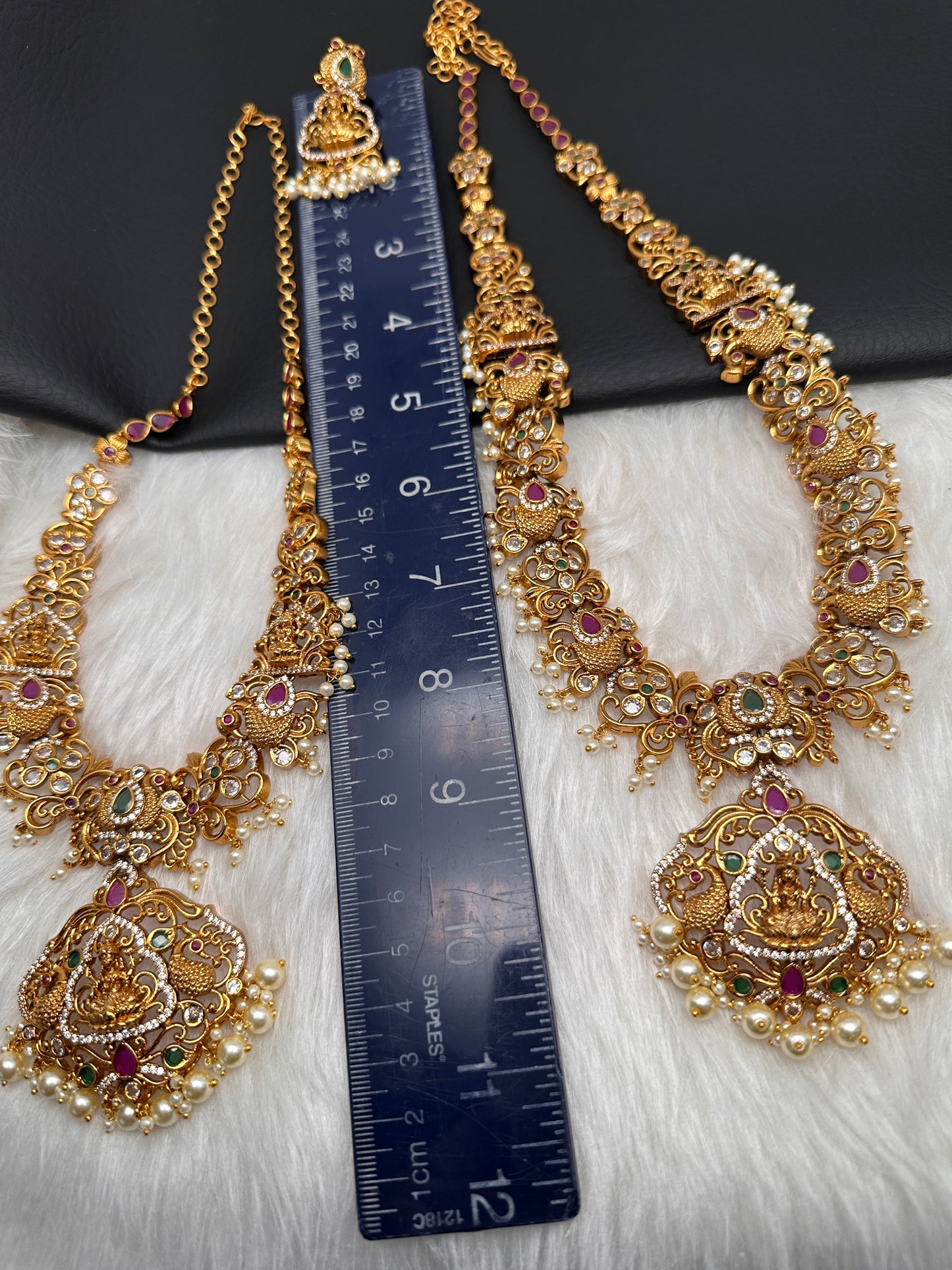 Goddess Lakshmi Peacock Red Green Multi Stone CZ Matte Finish Combo Necklace