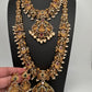 Goddess Lakshmi Peacock Red Green Multi Stone CZ Matte Finish Combo Necklace