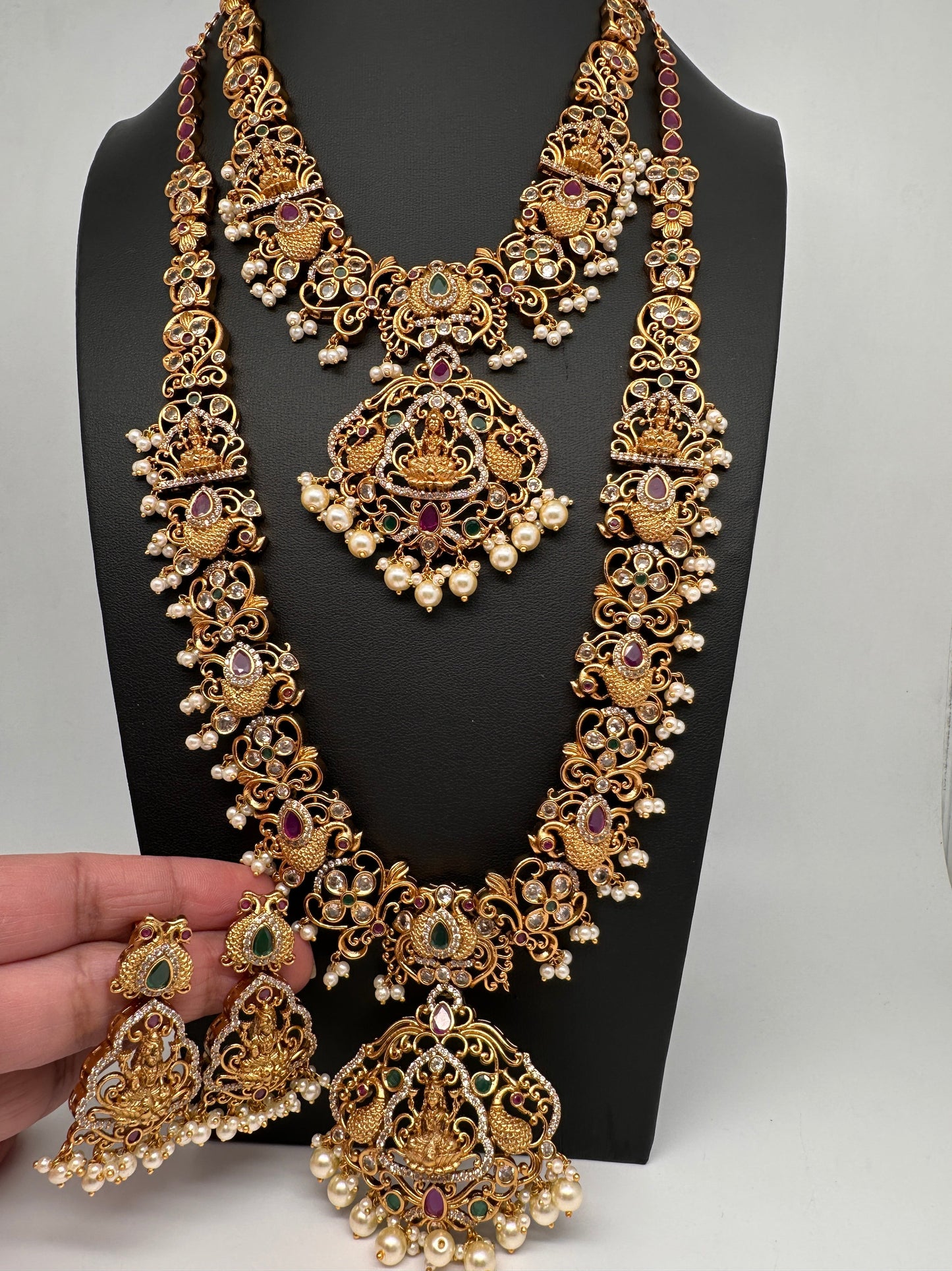 Goddess Lakshmi Peacock Red Green Multi Stone CZ Matte Finish Combo Necklace