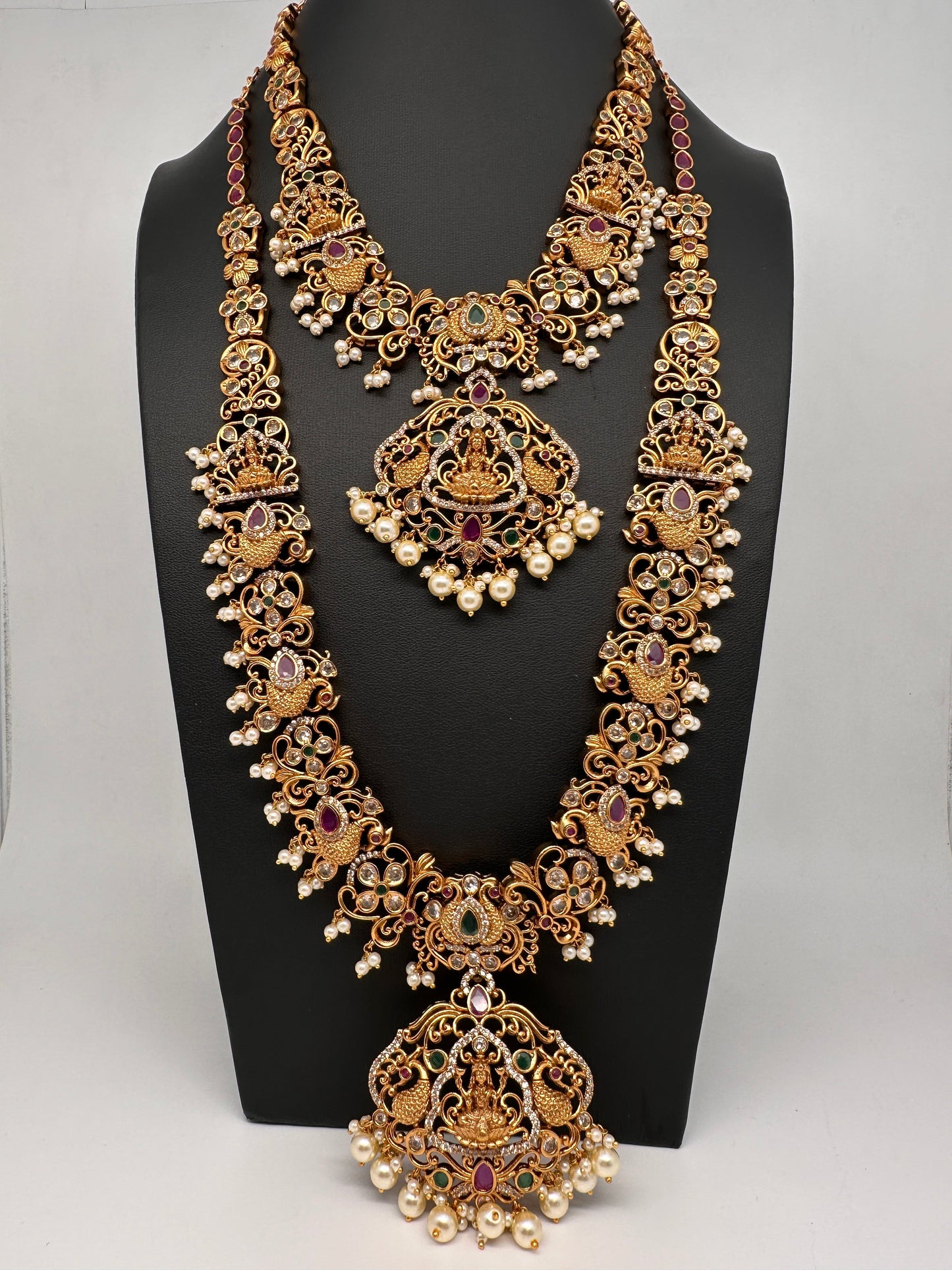 Goddess Lakshmi Peacock Red Green Multi Stone CZ Matte Finish Combo Necklace