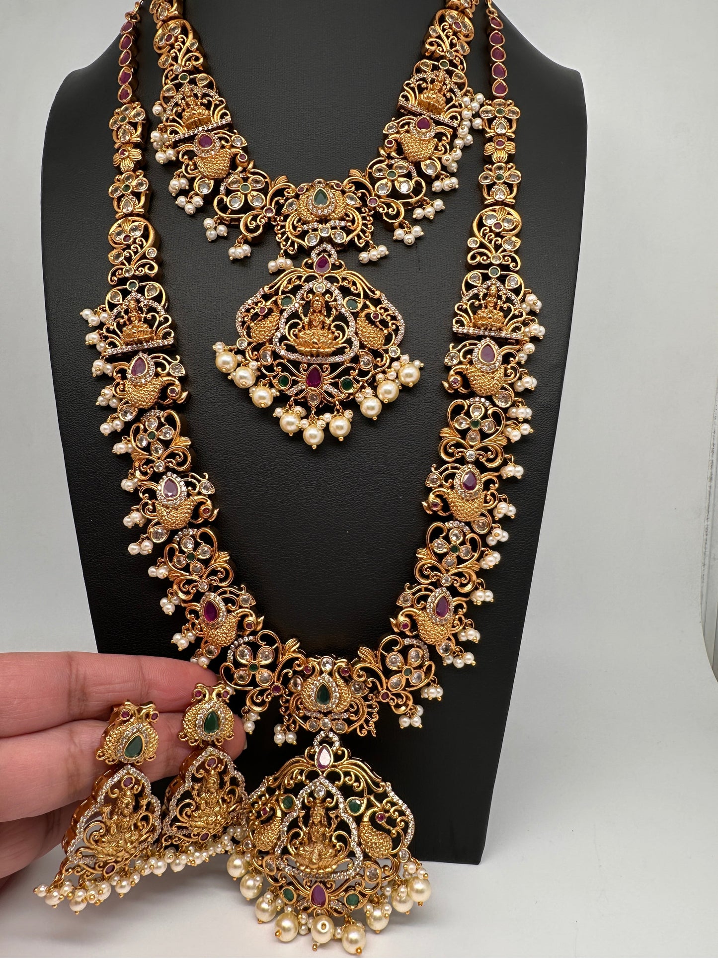 Goddess Lakshmi Peacock Red Green Multi Stone CZ Matte Finish Combo Necklace