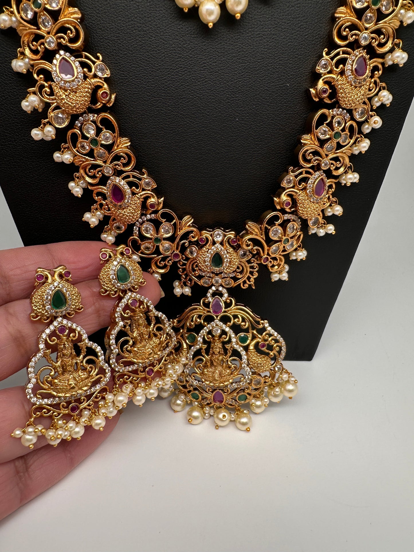 Goddess Lakshmi Peacock Red Green Multi Stone CZ Matte Finish Combo Necklace