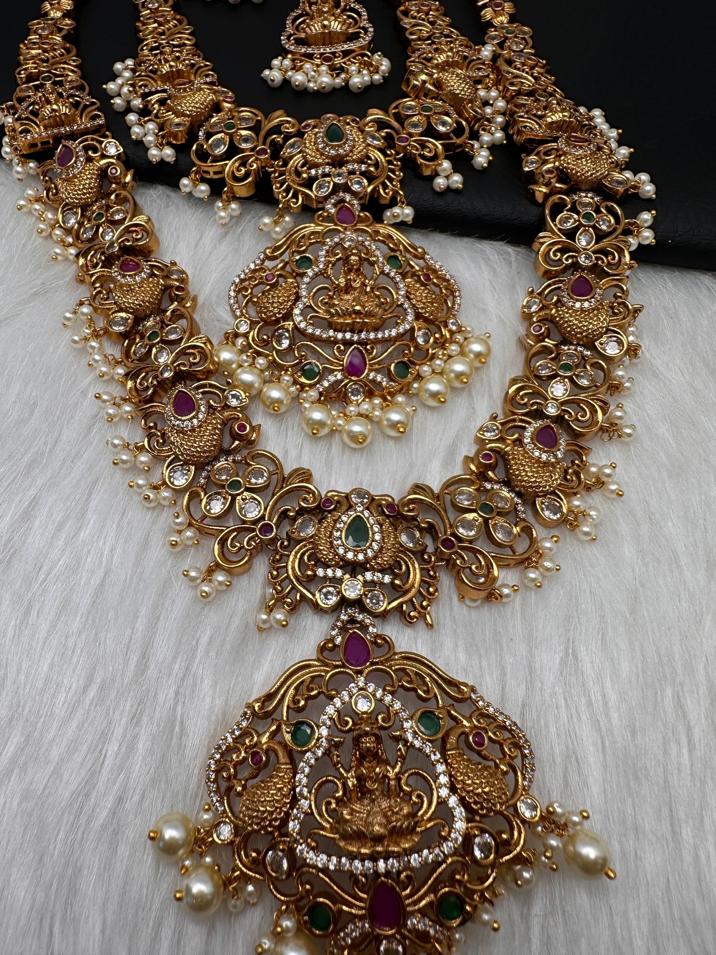 Goddess Lakshmi Peacock Red Green Multi Stone CZ Matte Finish Combo Necklace