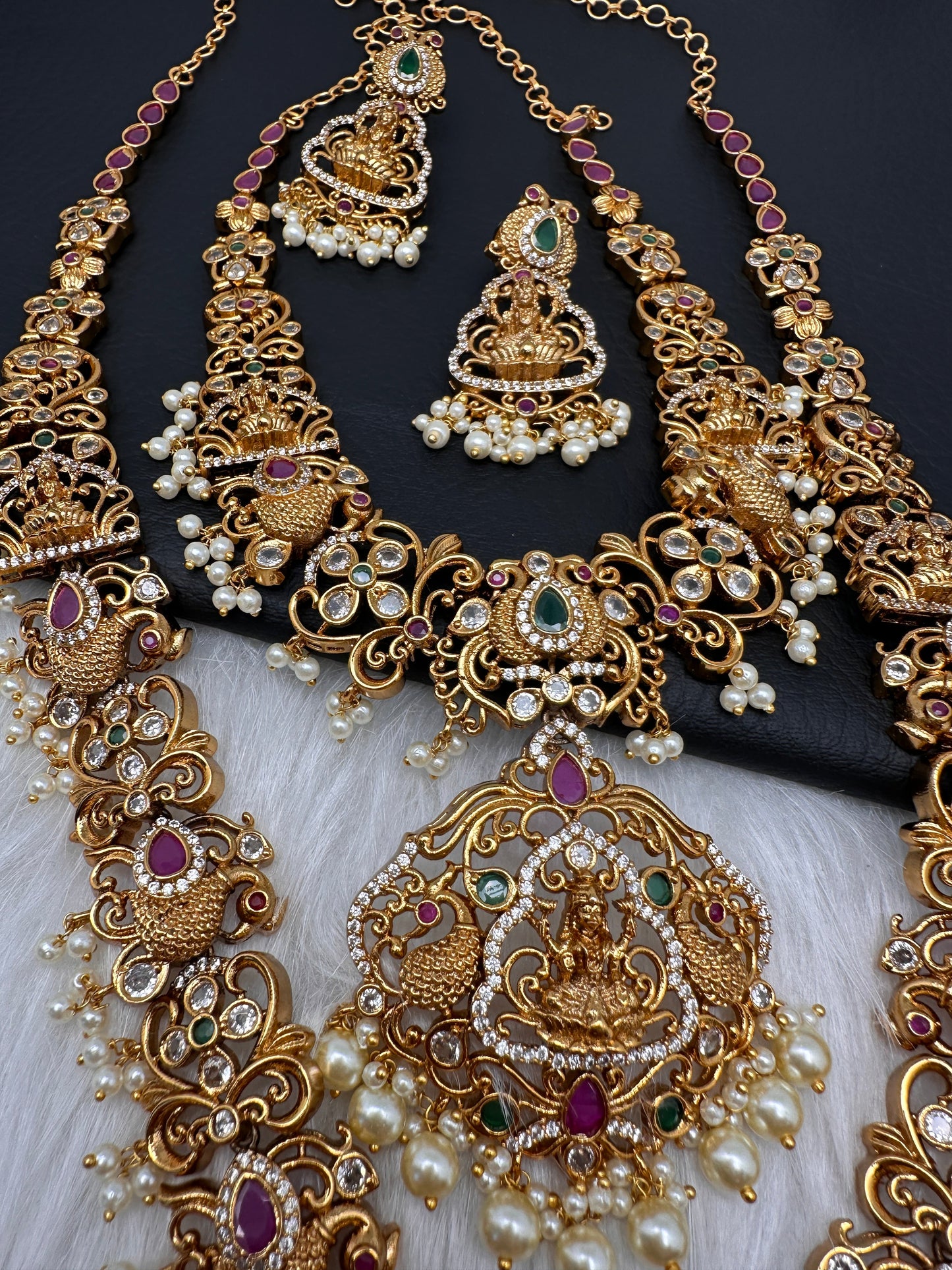 Goddess Lakshmi Peacock Red Green Multi Stone CZ Matte Finish Combo Necklace